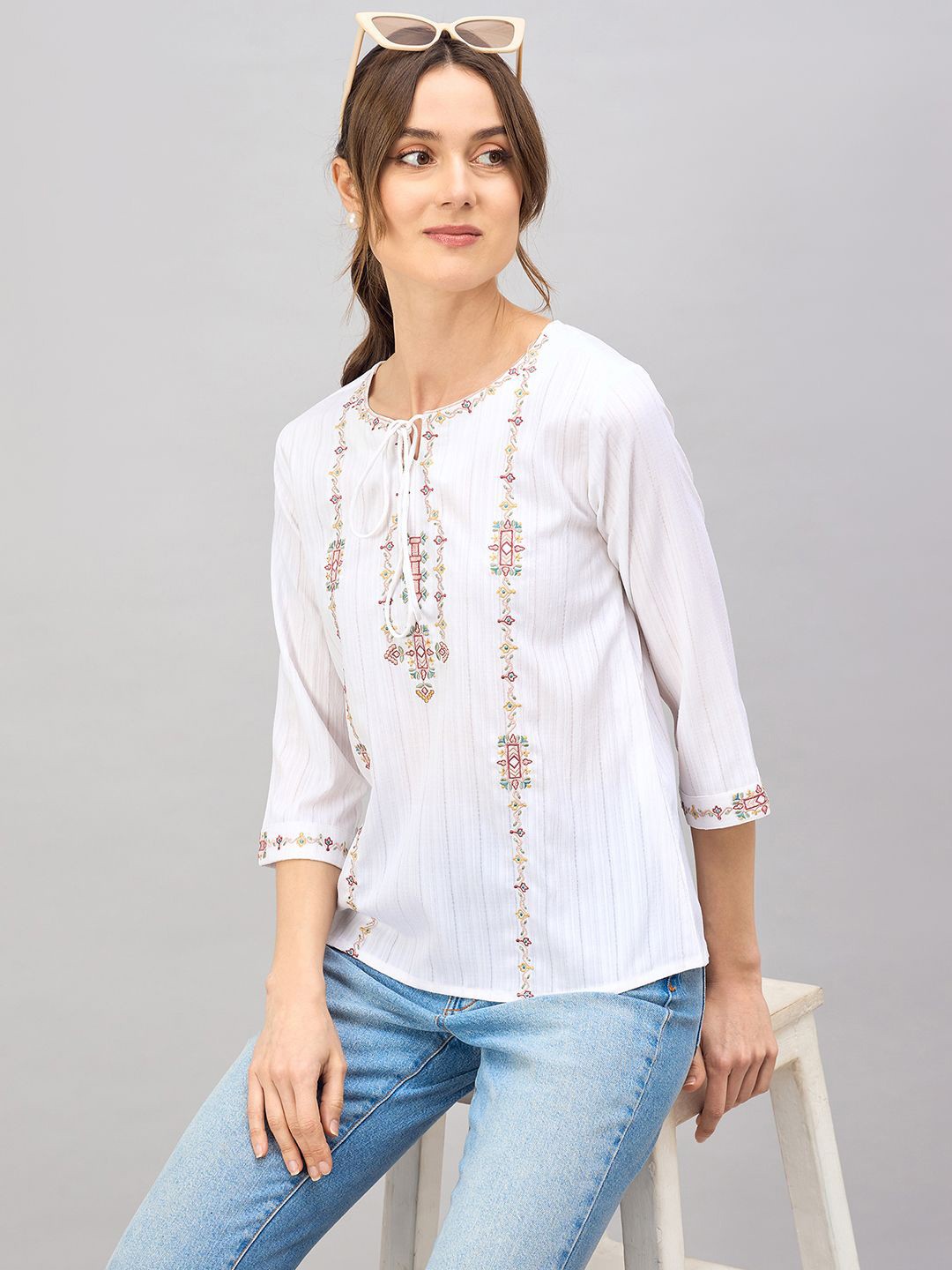 

DressBerry White Floral Embroidered Printed Tie-Up Neck Casual Cotton Top