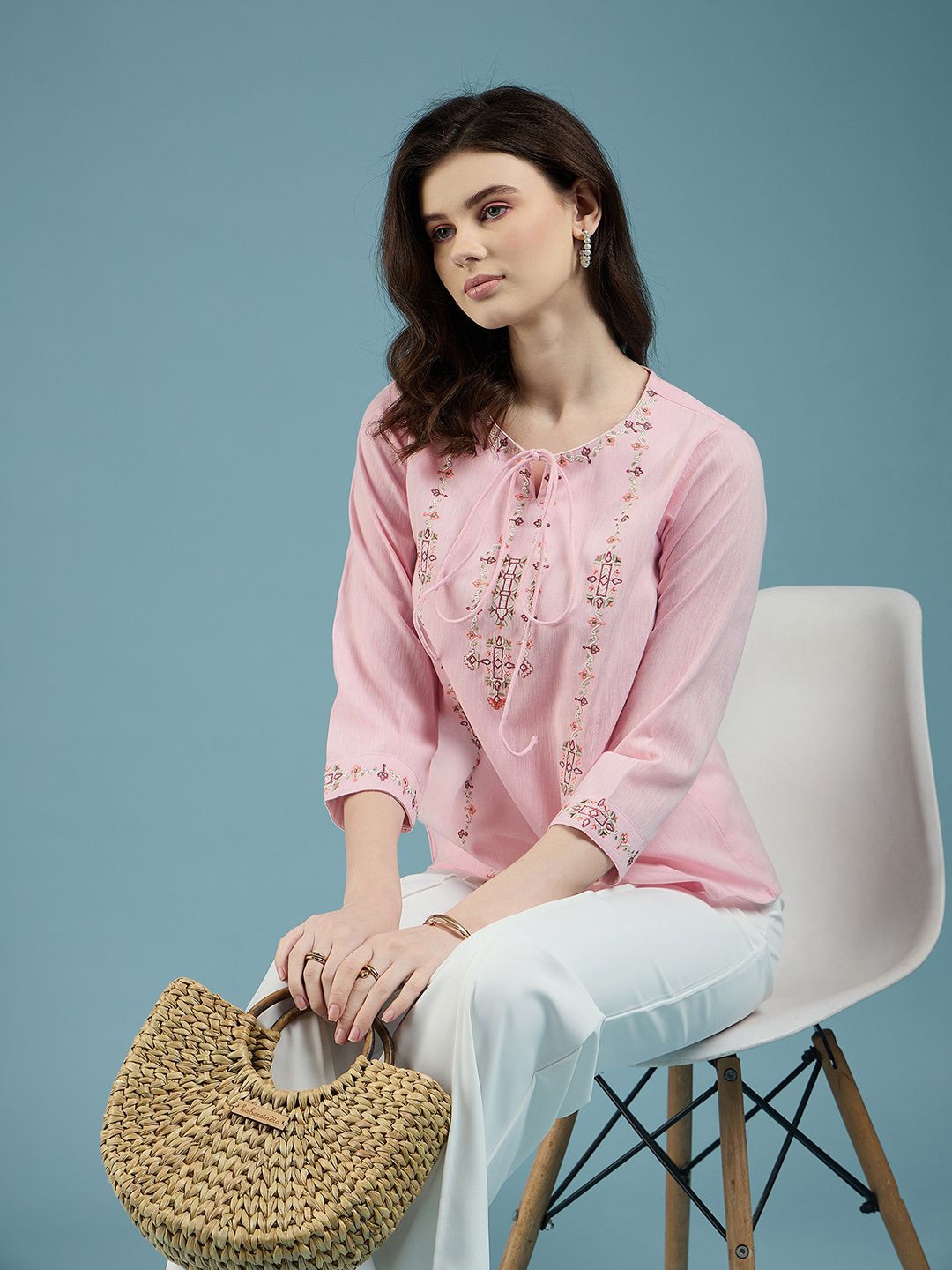 

DressBerry Ethnic Motifs Printed Embroidered Round Neck Pure Cotton Top, Pink