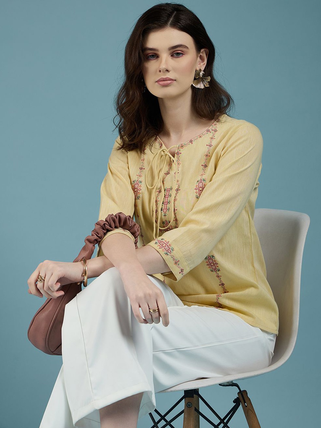 

DressBerry Yellow Floral Embroidered Printed Tie-Up Neck Casual Cotton Top