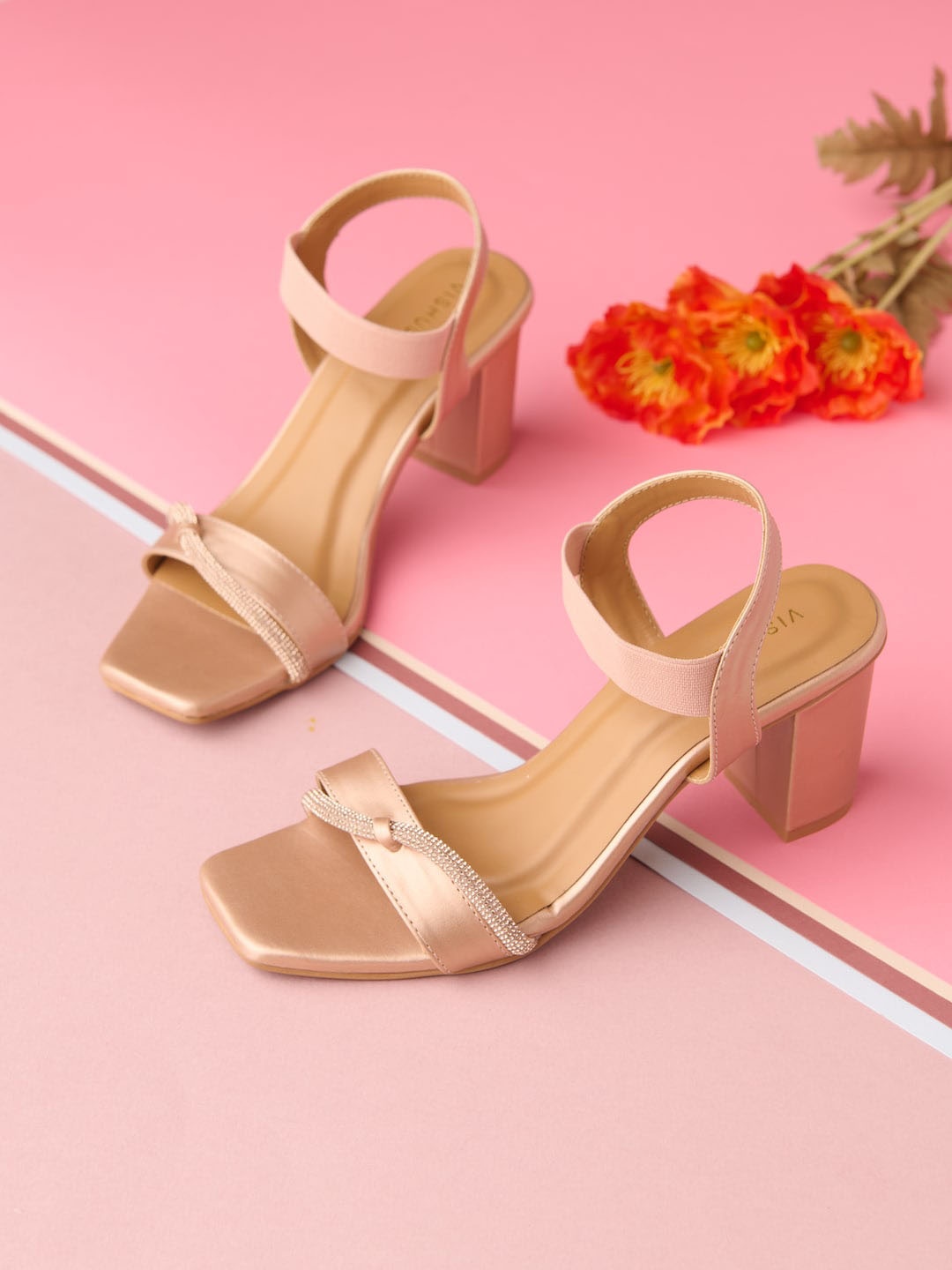 

Vishudh Rose Gold Toned Western Embellished Square Toe Block Heels