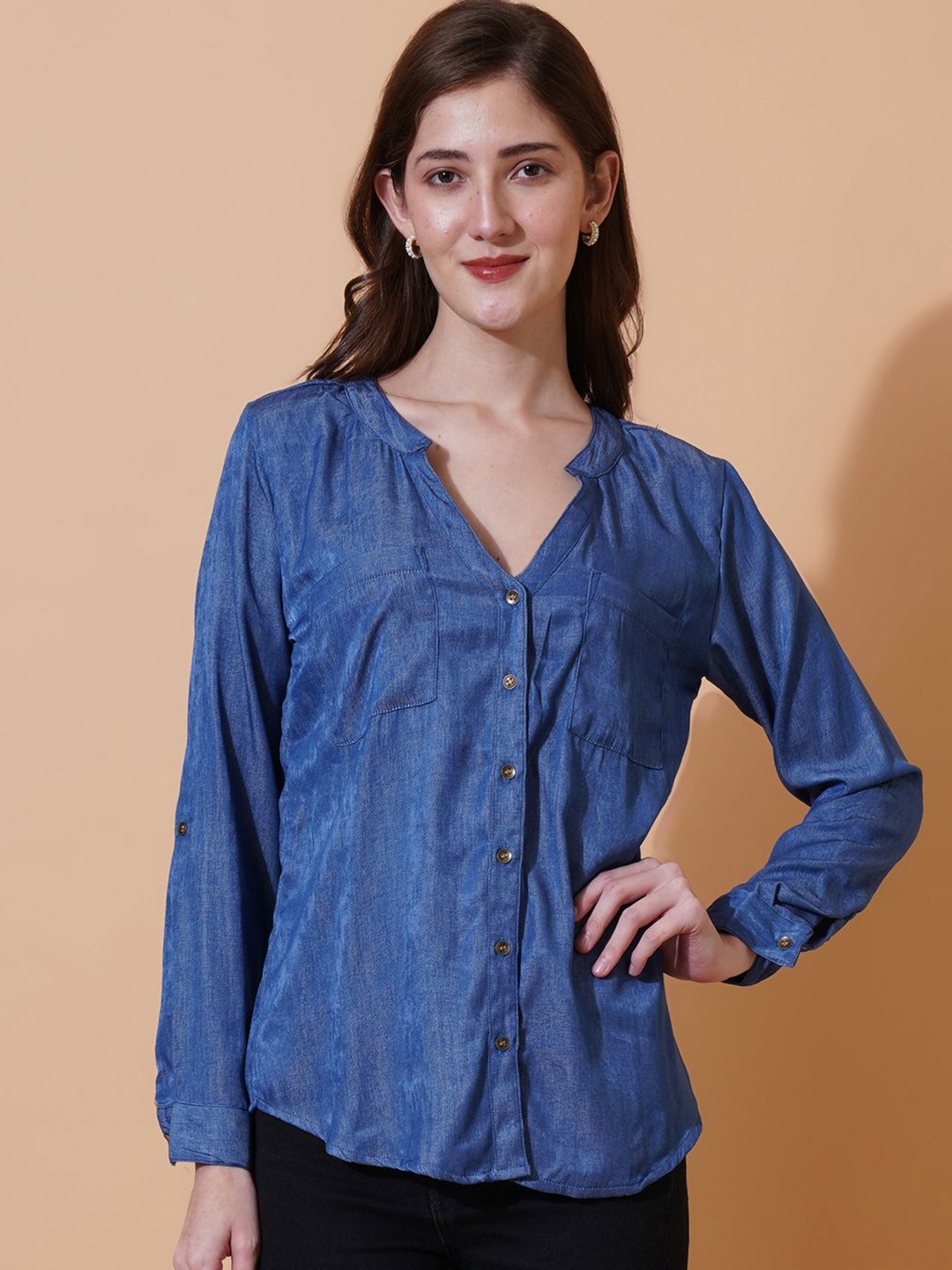 

U&F Relaxed Mandarin Collar Casual Shirt, Navy blue