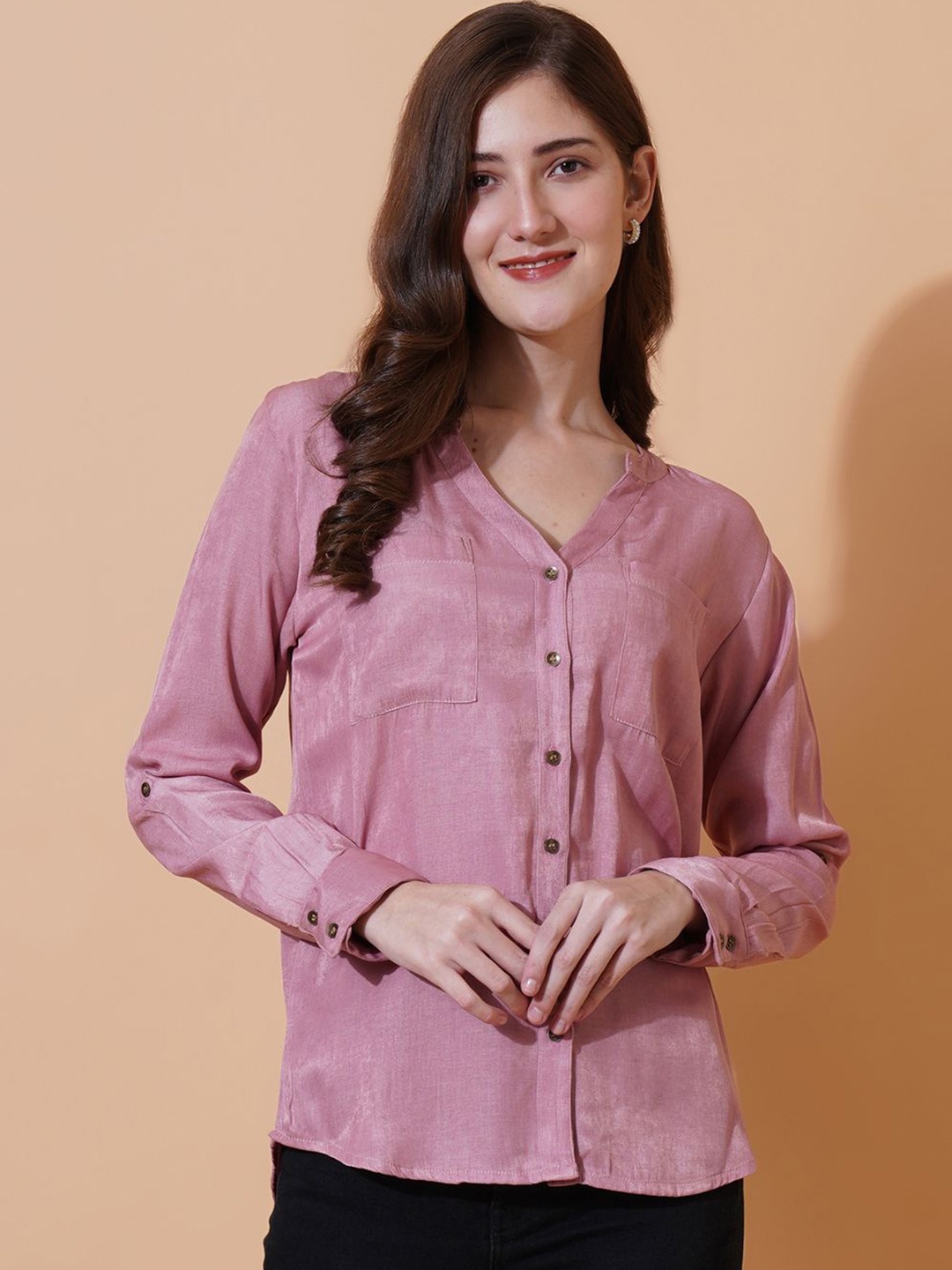 

U&F Relaxed Mandarin Collar Casual Shirt, Pink