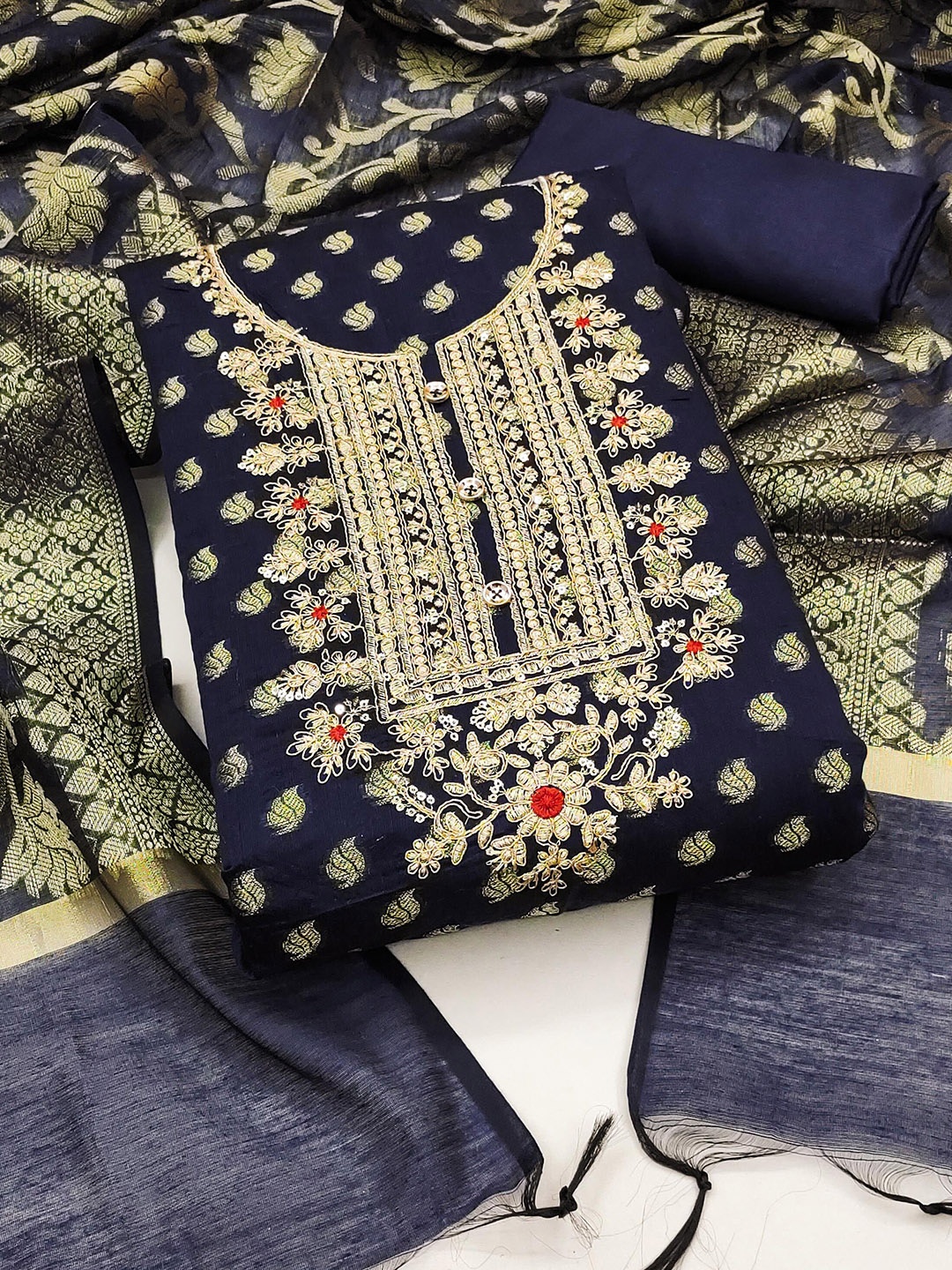 

KALINI Woven Design Unstitched Dress Material, Navy blue
