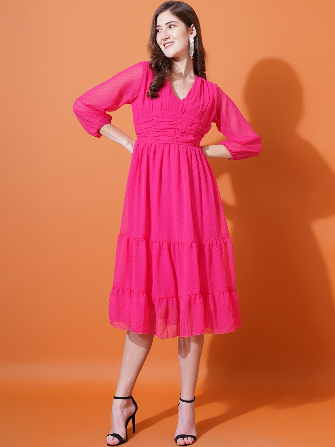 

U&F Magenta Self Design Puff Sleeves Gathered Georgette Midi Empire Dress