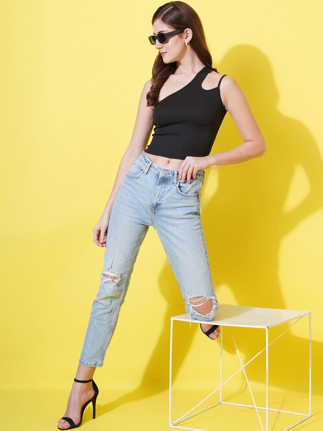 

U&F One Shoulder Cut Out Crepe Fitted Crop Top, Black