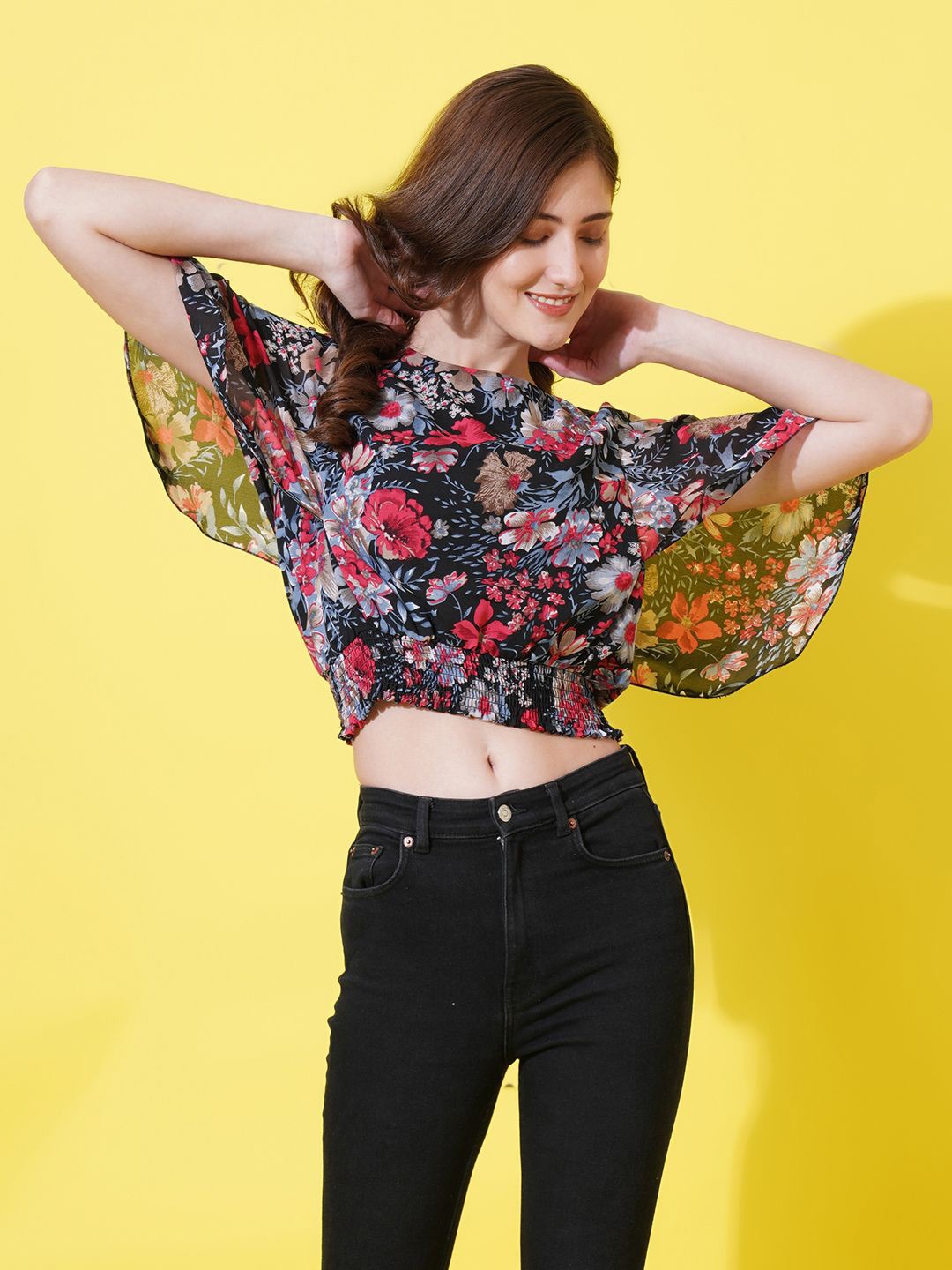 

U&F Floral Printed Round Neck Blouson Crop Top, Black