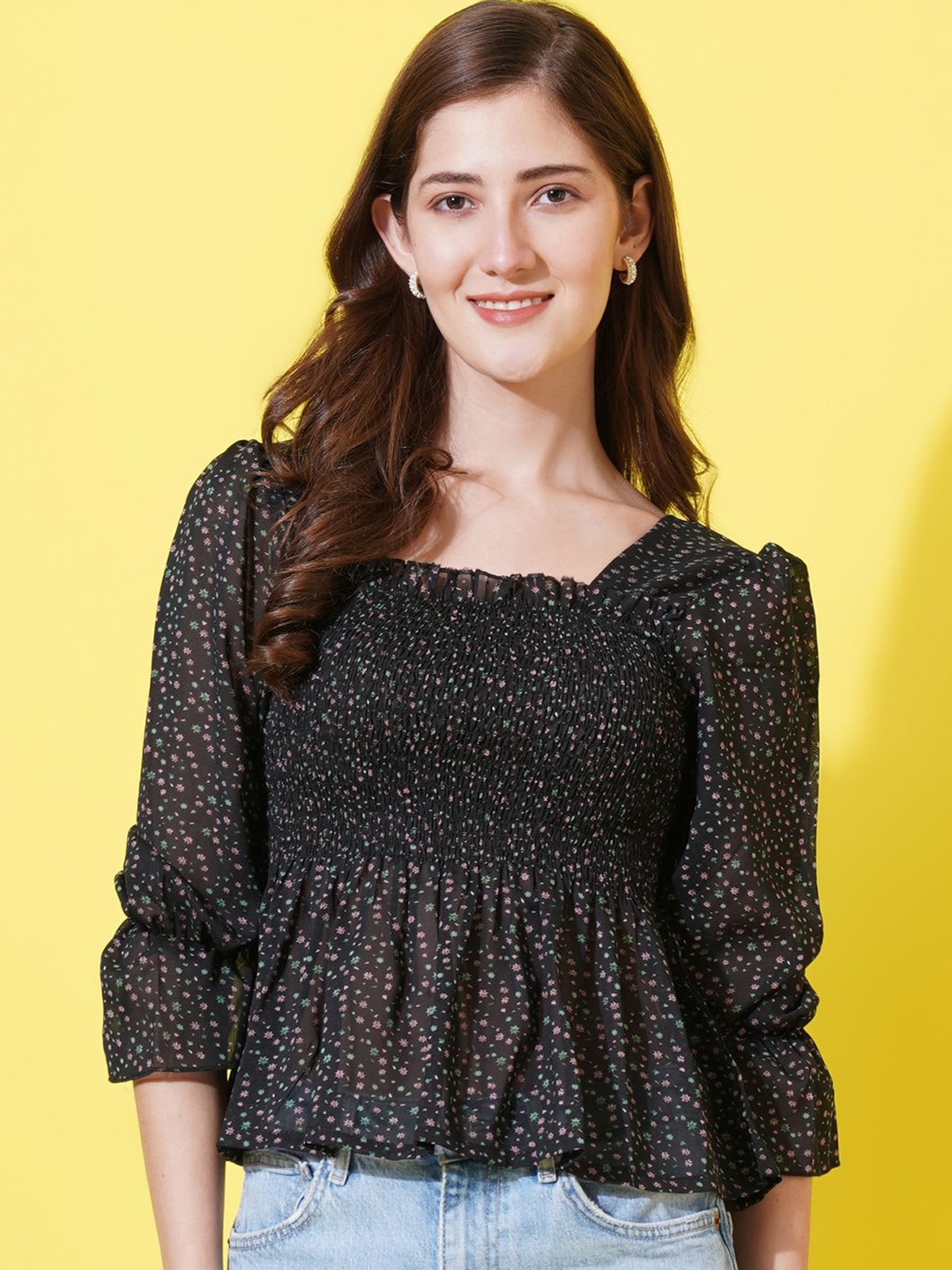

U&F Floral Printed Puff Sleeve Gathered Smocked Georgette Peplum Top, Black