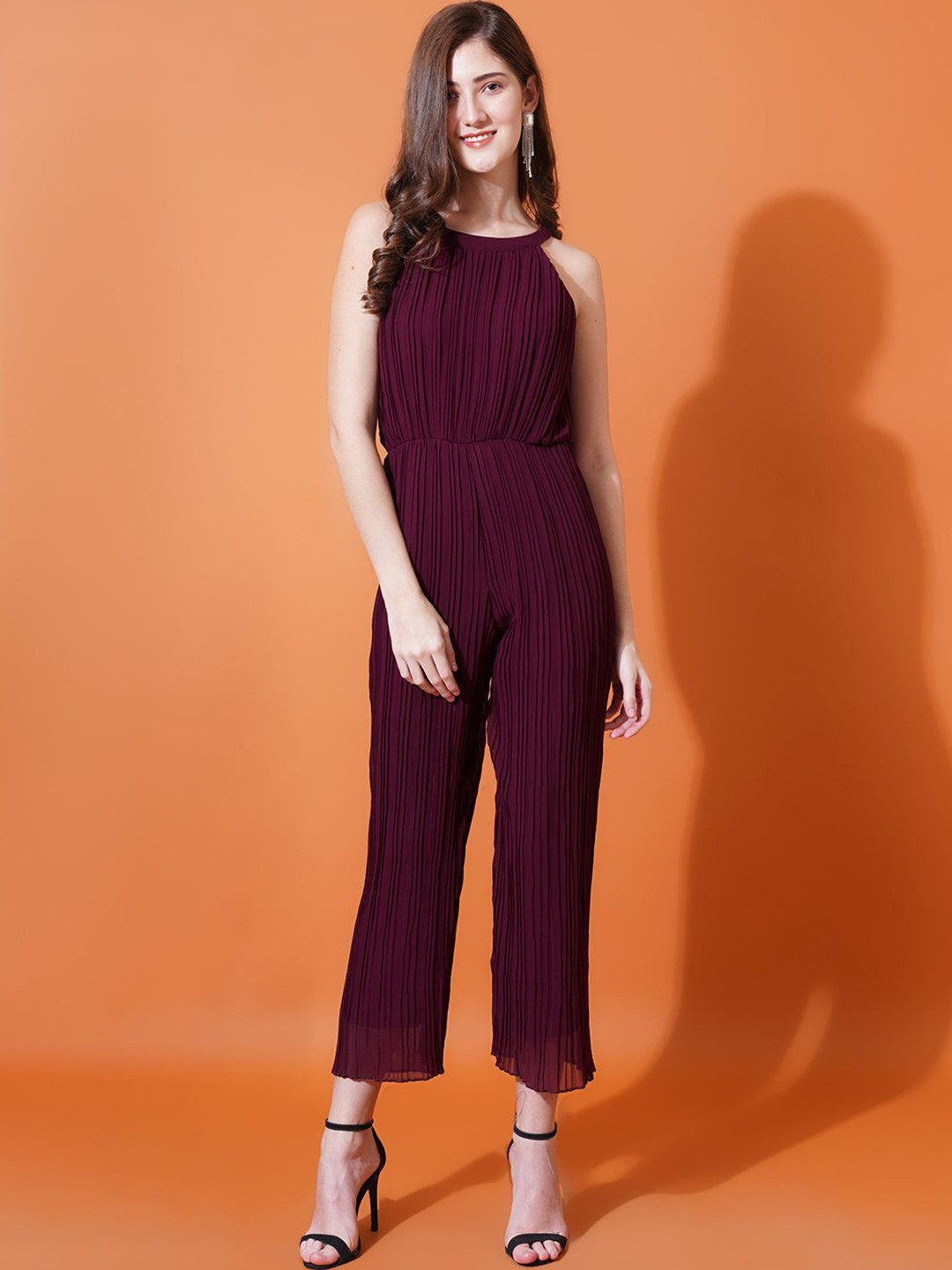 

U&F Purple Halter Neck Gathers Basic Jumpsuit
