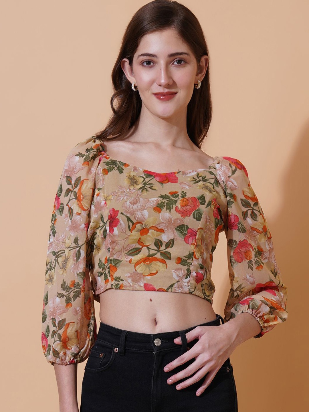 

U&F Floral Printed Puff Sleeves Smocking Georgette Crop Top, Olive