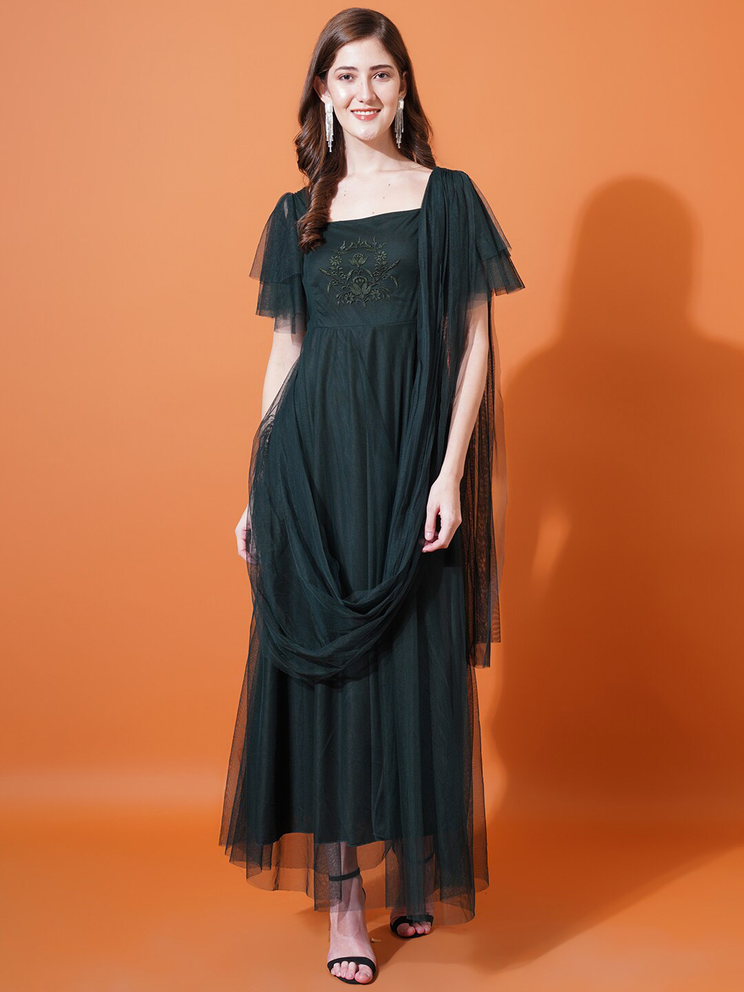 

U&F Green Square Neck Flared Sleeves Embroidered Net Maxi Fit & Flare Dress
