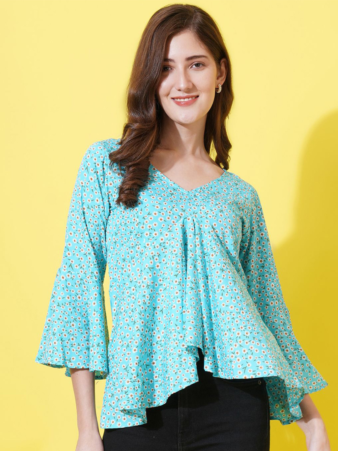 

U&F Floral Print V-Neck Top, Blue