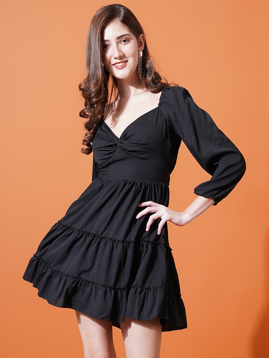 

U&F Black Sweetheart Neck Puff Sleeves Cut-Outs Crepe Mini Fit & Flare Dress