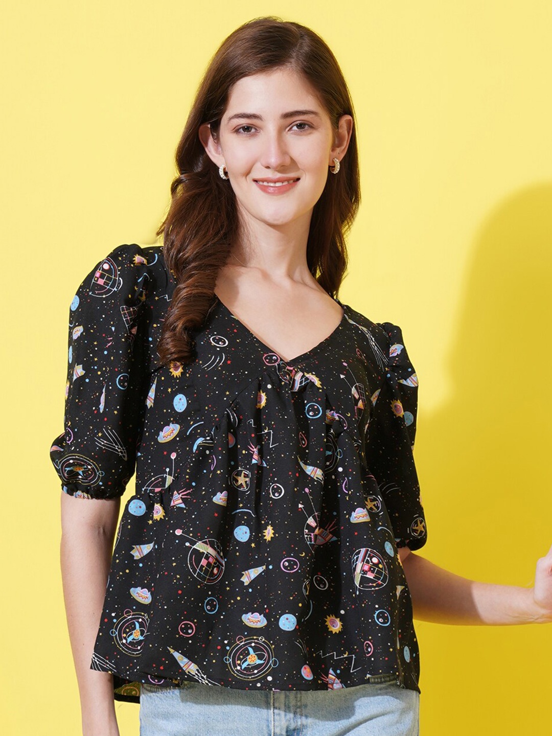 U&F Conversational Printed Puff Sleeves Gathered Georgette A-Line Top, Black