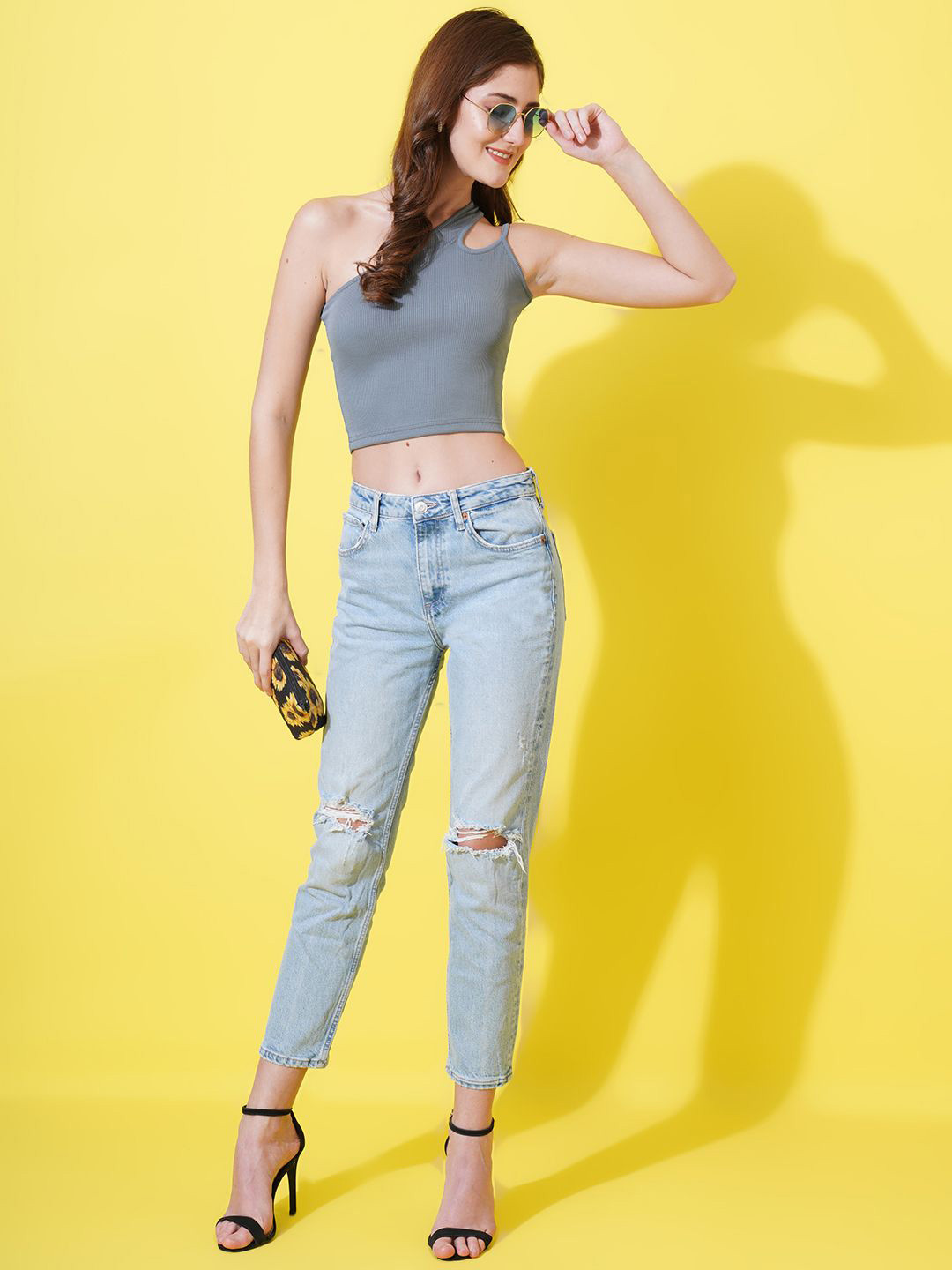 

U&F One Shoulder Cut Out Crepe Crop Top, Grey