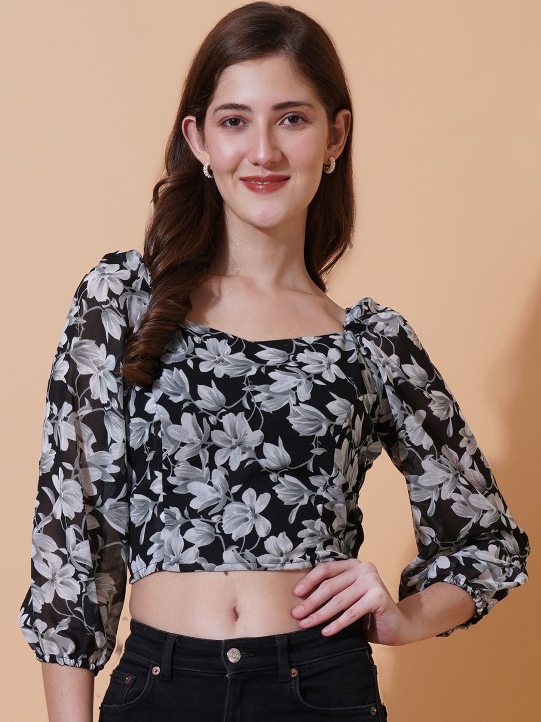 U&F Floral Printed Puff Sleeves Smocking Georgette Crop Top, Grey