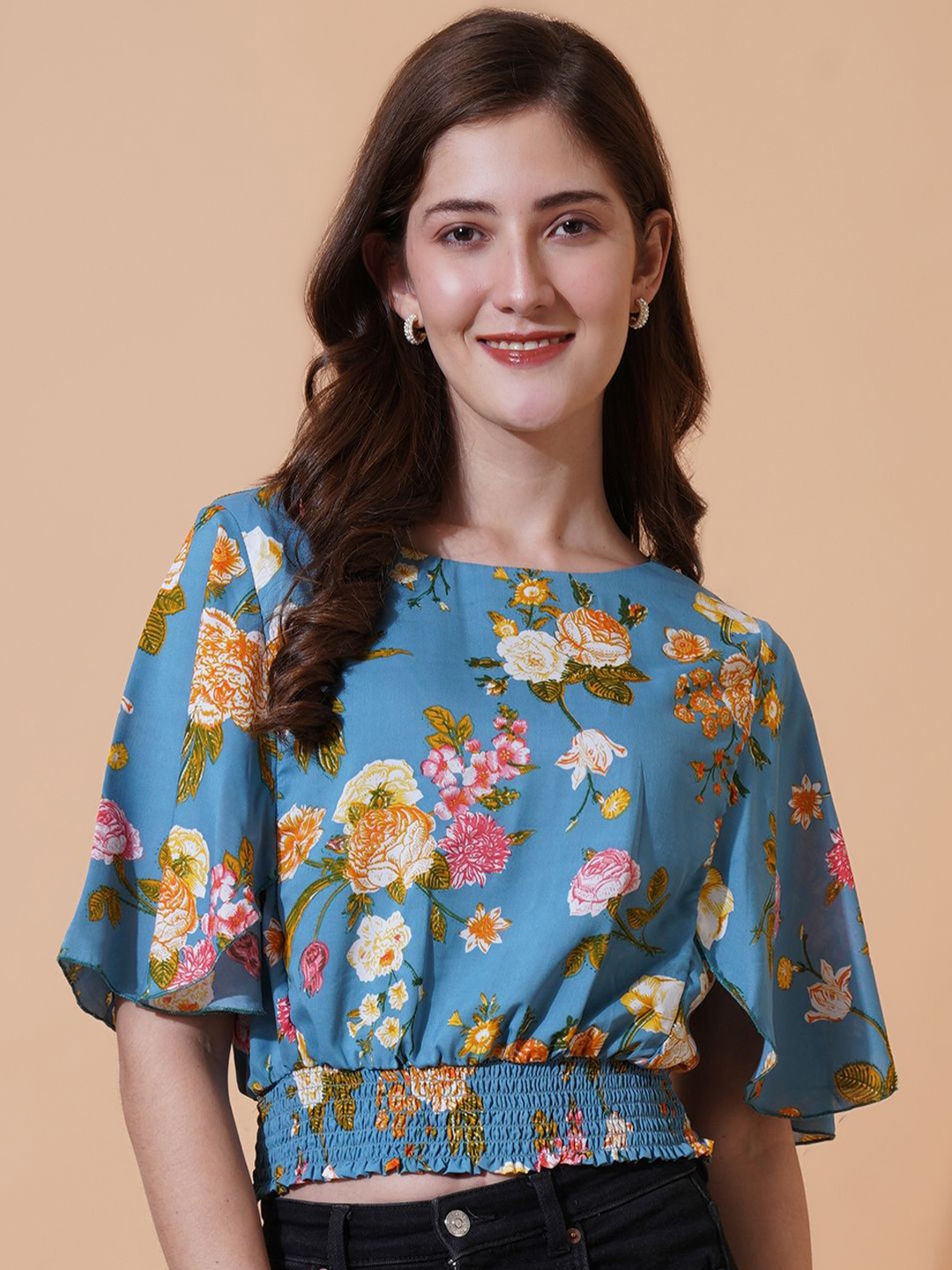 

U&F Floral Printed Flared Sleeve Tie-Ups Smocked Crepe Blouson Crop Top, Blue