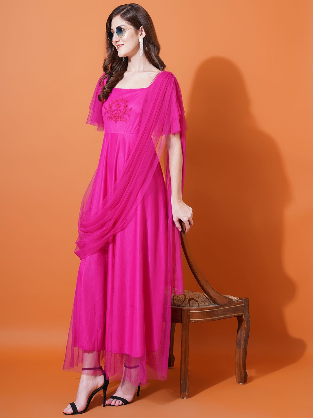 

U&F Magenta Square Neck Flared Sleeves Embroidered Net Maxi Fit & Flare Dress