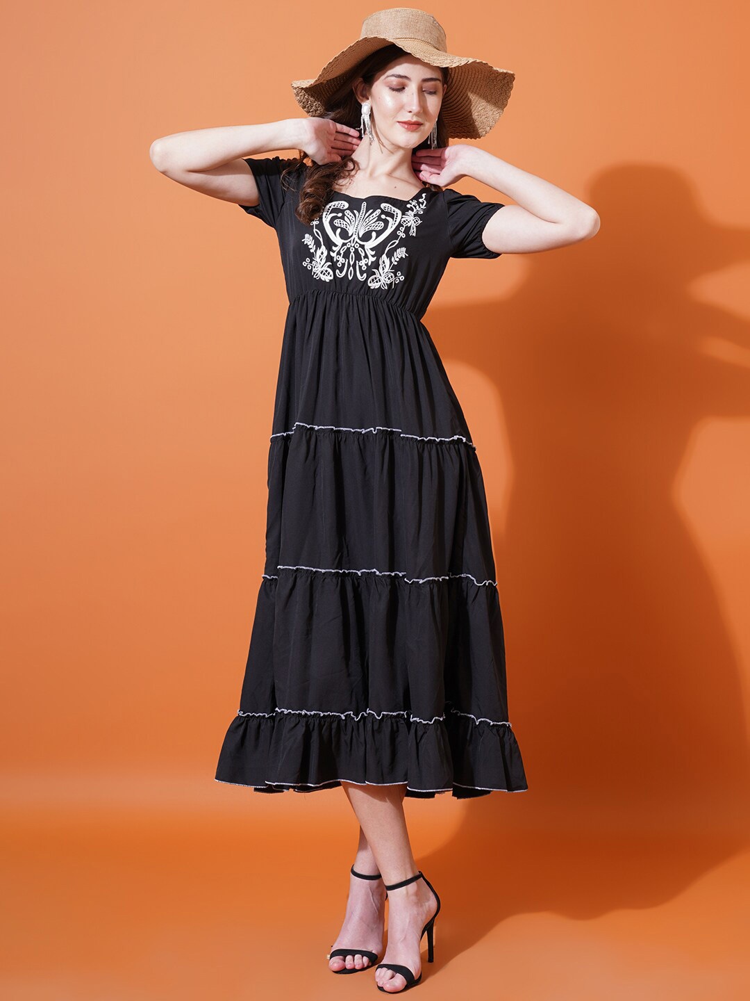 

U&F Black Sweetheart Neck Puff Sleeves Embroidered Tiered Crepe Midi Fit & Flare Dress