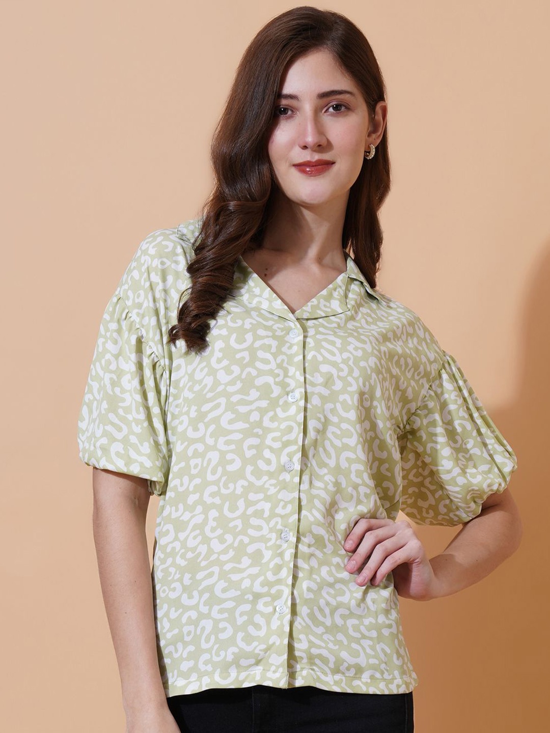 

U&F Abstract Printed Cuban Collar Puff Sleeves Crepe Shirt Style Top, Green