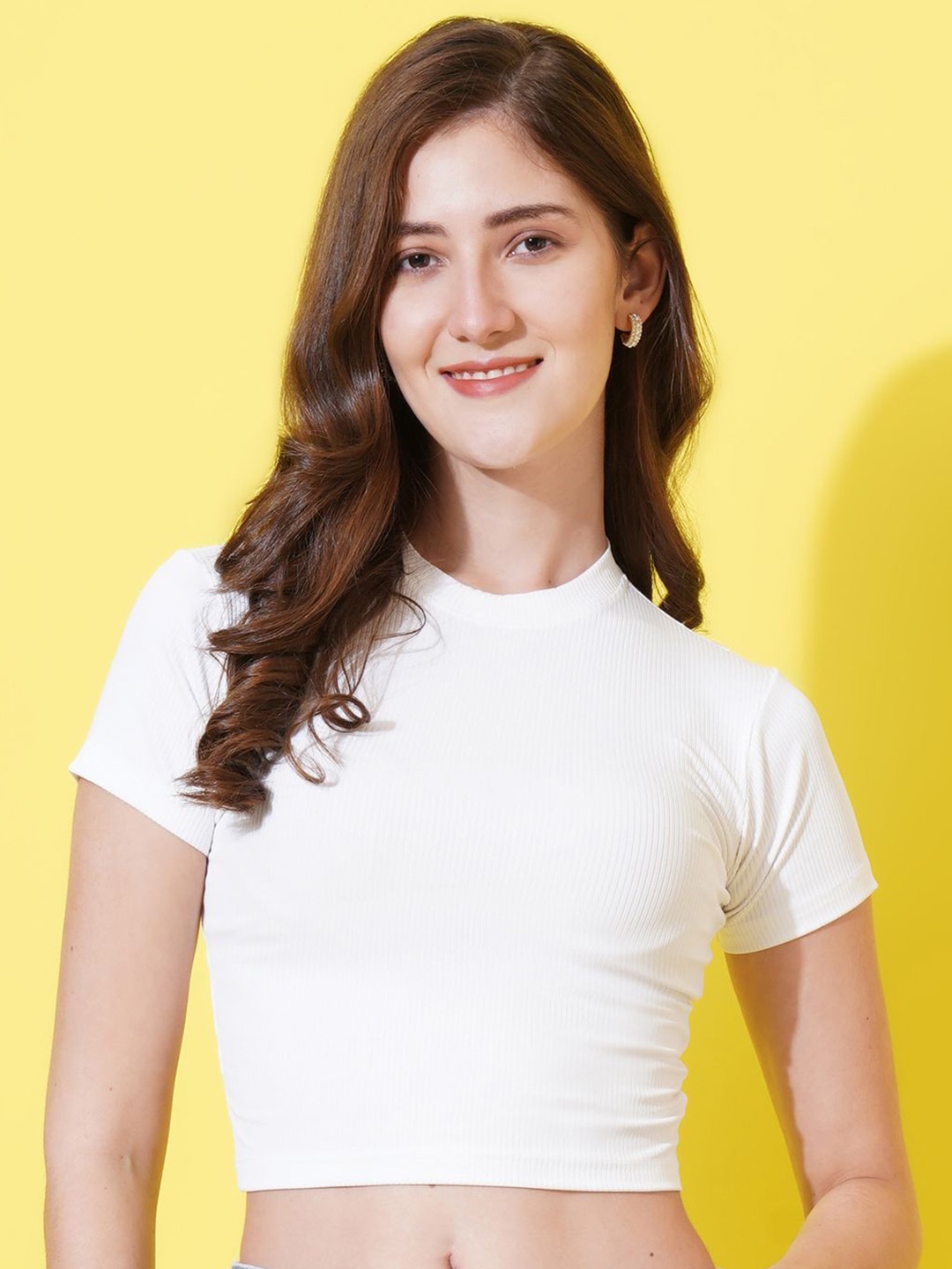 

U&F Round Neck Short Sleeves Crepe Fitted Crop Top, White