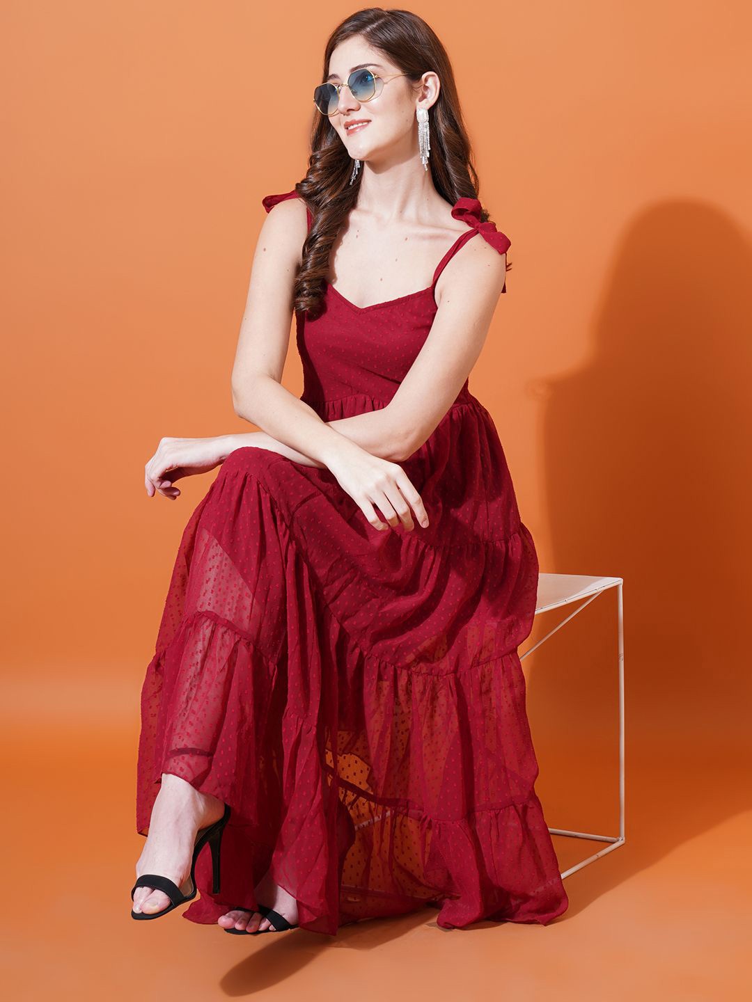 

U&F Red Self Design Shoulder Straps Smocked Georgette Midi Fit & Flare Dress