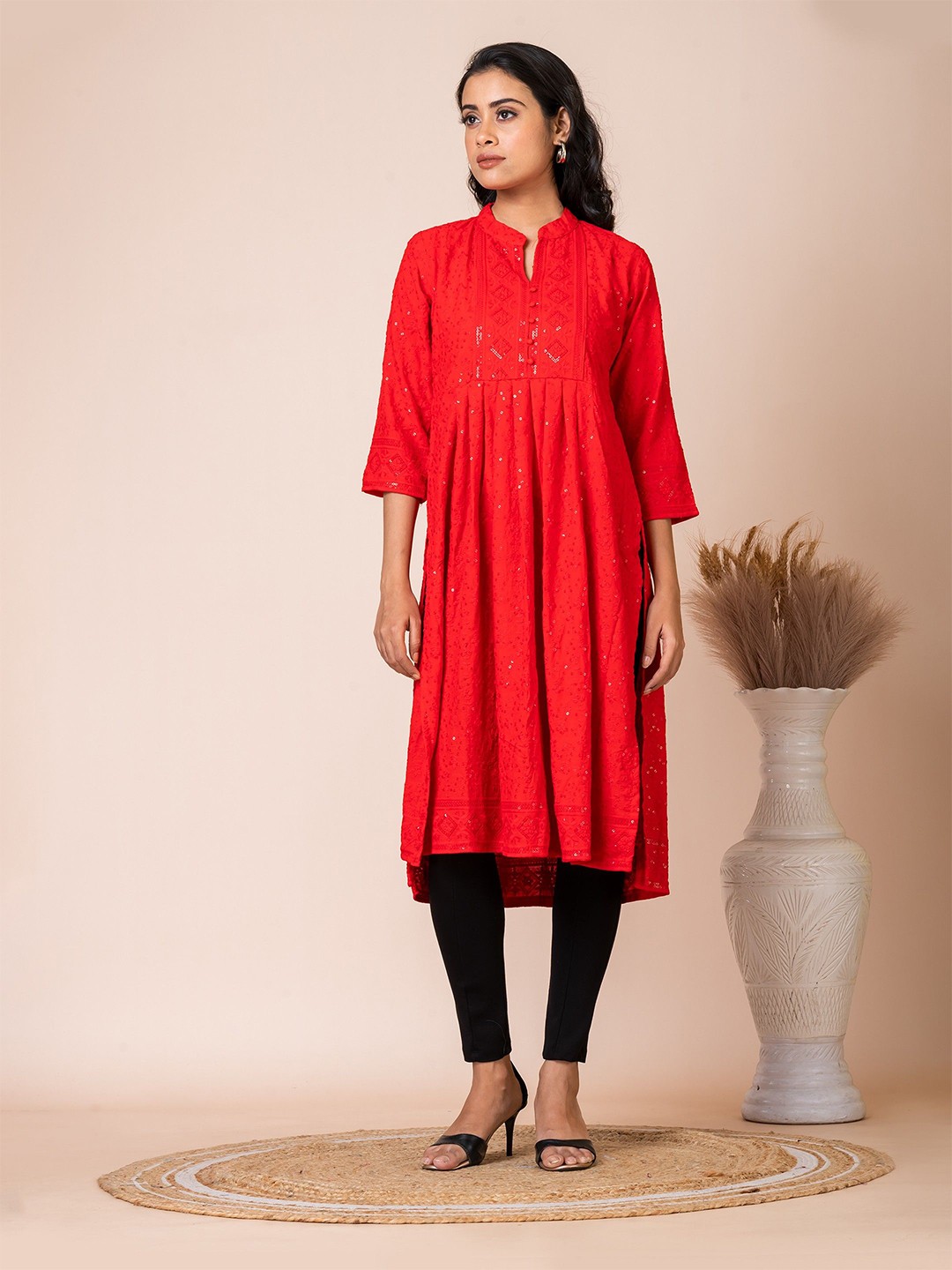 

SARSO Floral Embroidered Thread Work Cotton Anarkali Kurta, Red