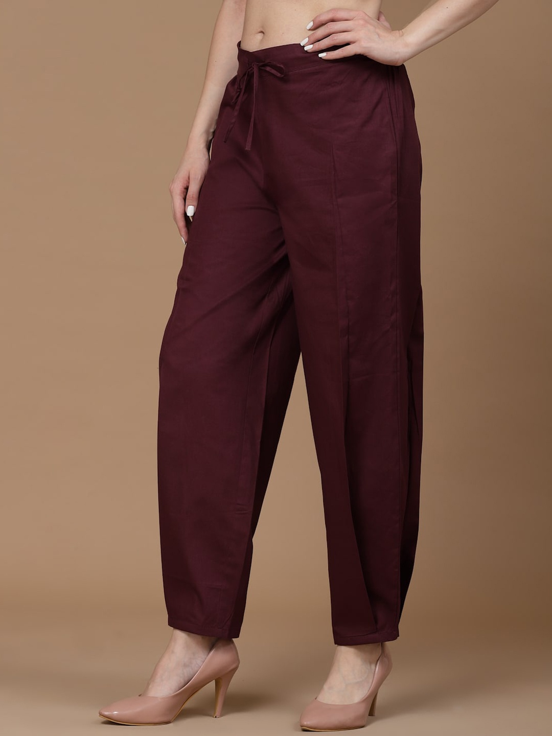 

MBeautiful Women Burgundy Mid Rise Straight Fit Pure Cotton Trousers