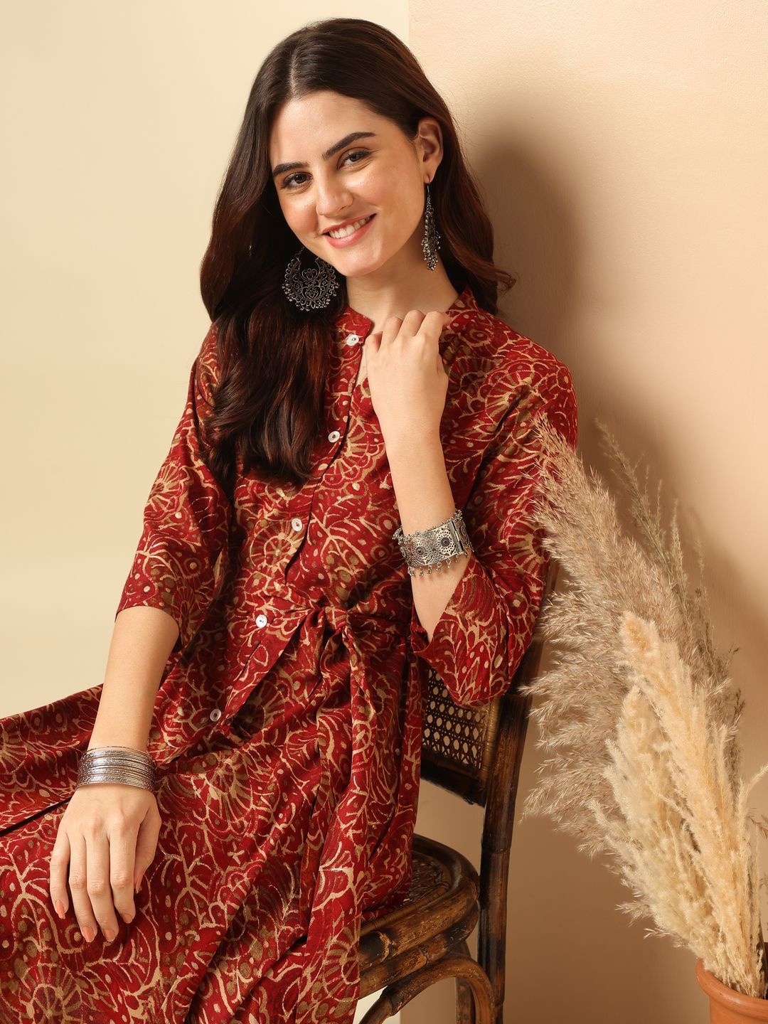 

Anouk Floral Printed Mandarin Collar Tie-Ups Detail Shirt Dress, Maroon