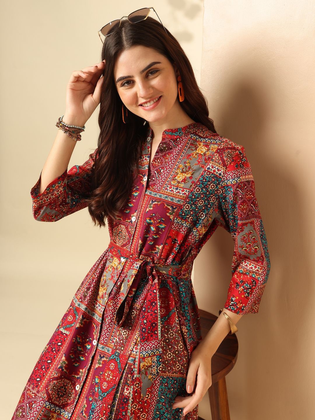 

Anouk Ethnic Motifs Printed Mandarin Collar Tie-Ups Detail Shirt Dress, Maroon