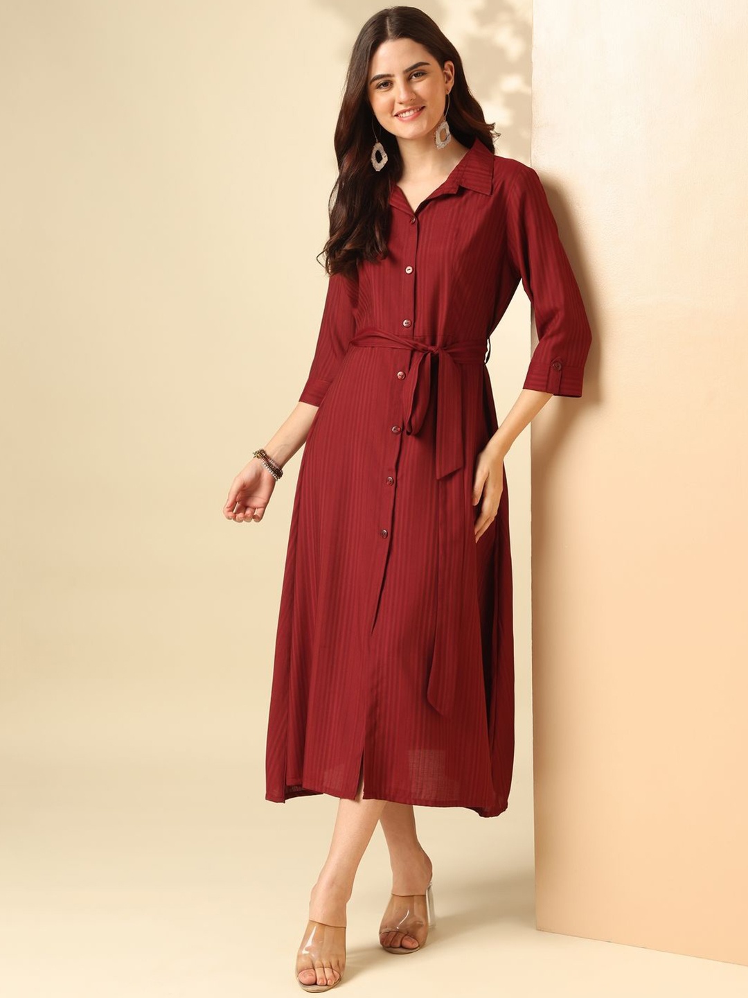 

Anouk Maroon Striped Roll-Up Sleeves Midi Shirt Dress