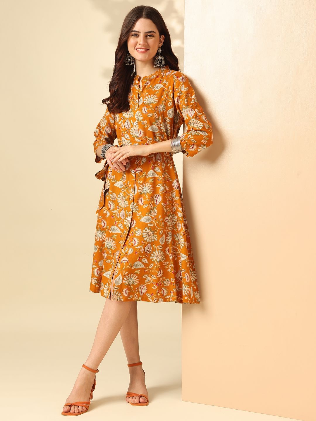 

Anouk Floral Printed Mandarin Collar Tie-Ups Detail Shirt Dress, Mustard