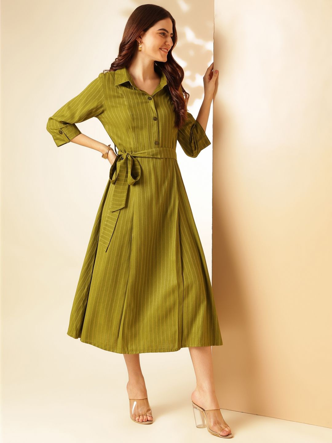 

Anouk Striped Shirt Collar Tie-Ups Detail Midi Shirt Dress, Green