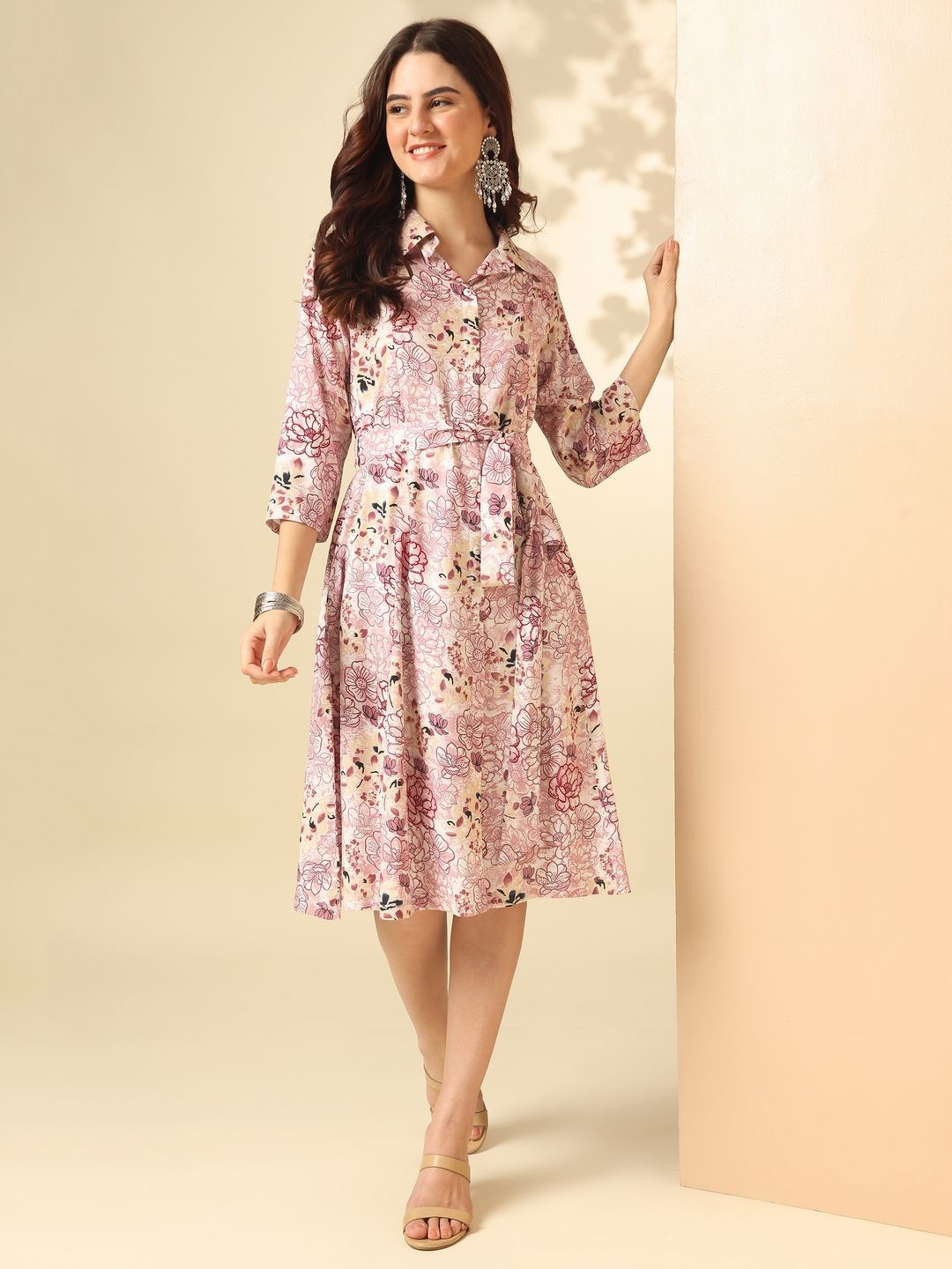 

Anouk Floral Printed Shirt Collar Tie-Ups Detail Shirt Dress, Purple