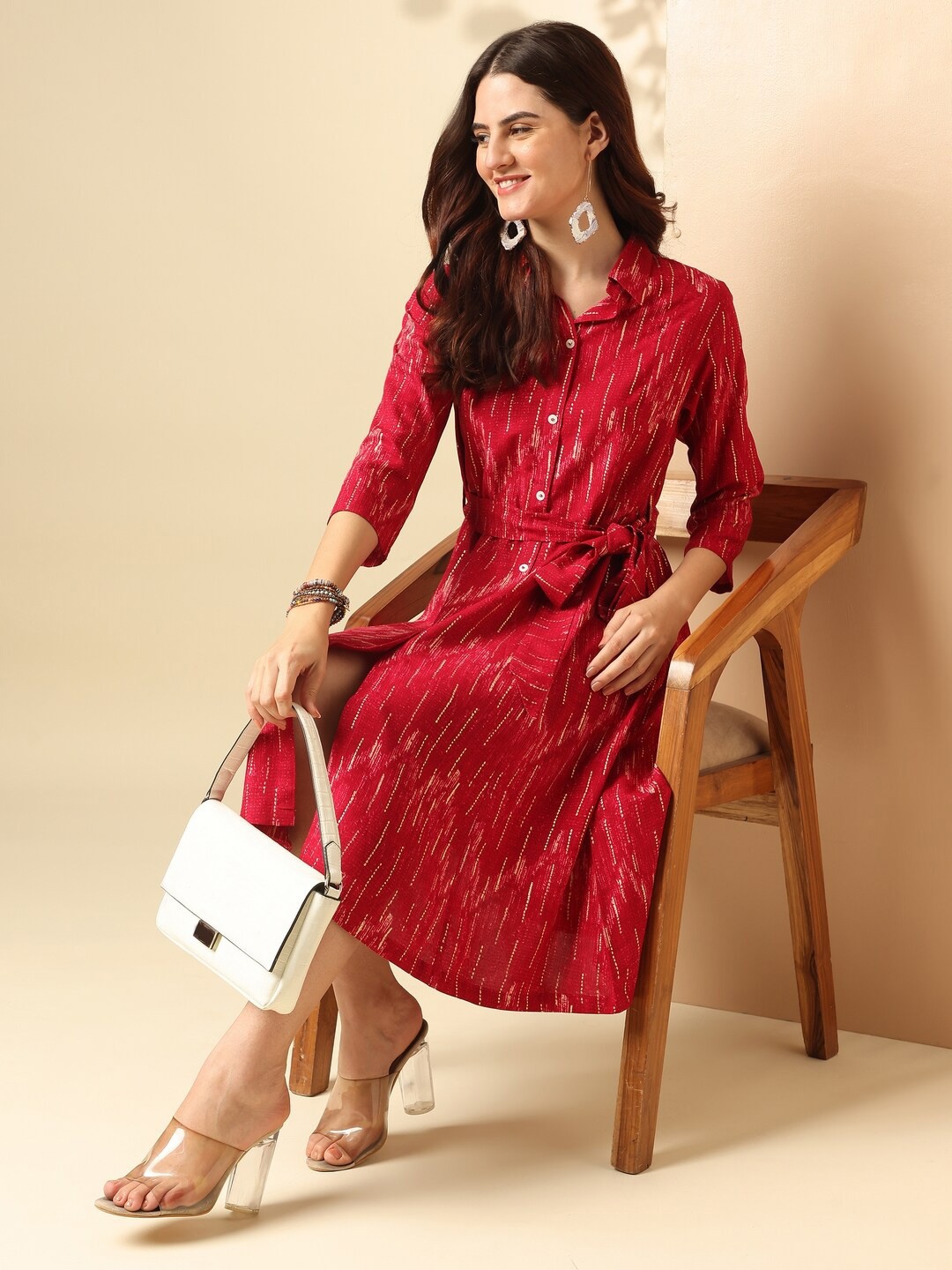 

Anouk Women Abstract Printed Knee Length Shirt Dress, Red