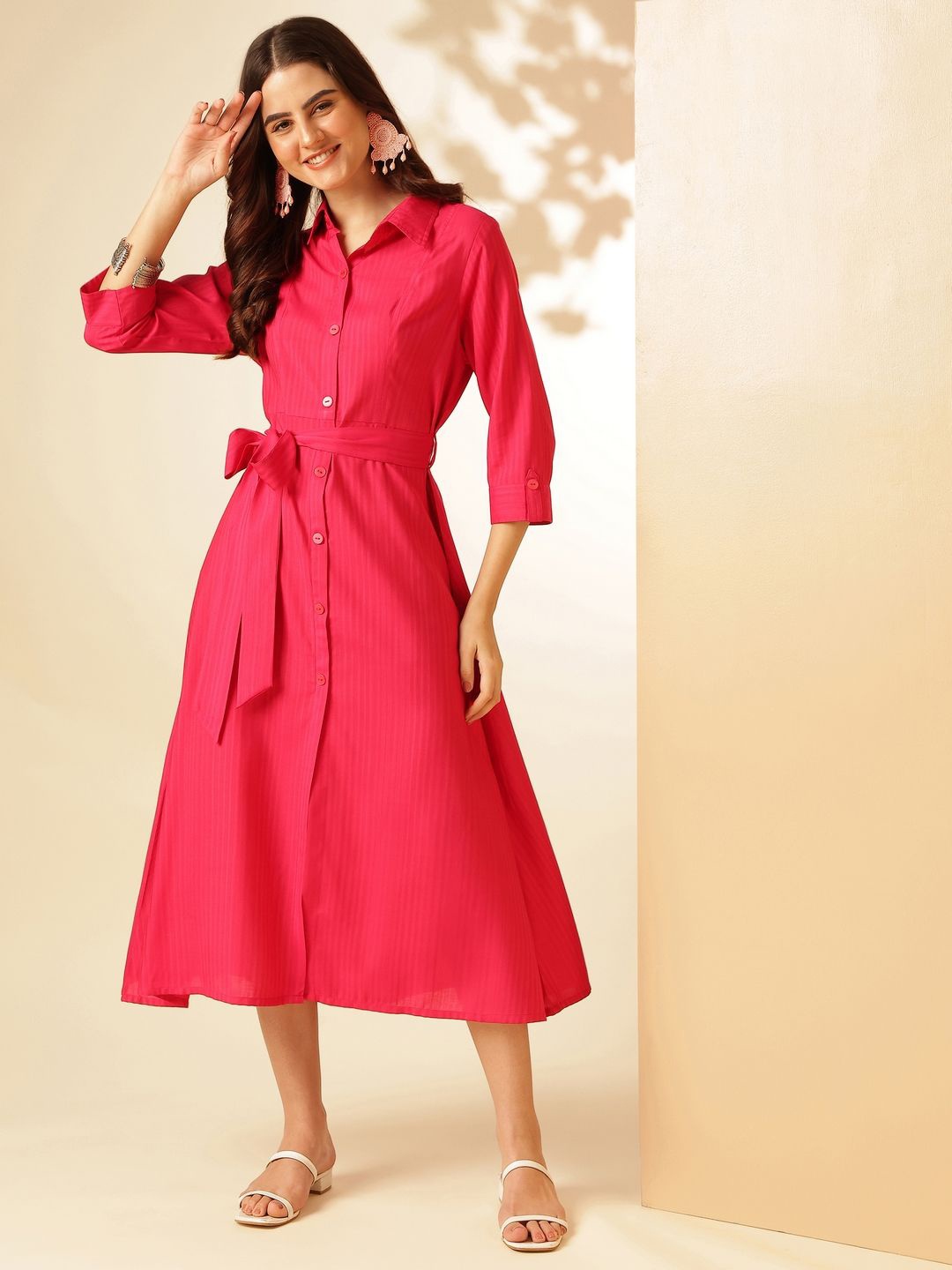 

Anouk Striped Shirt Collar Cuffed Sleeves Tie-Ups Detail Shirt Midi Dress, Fuchsia
