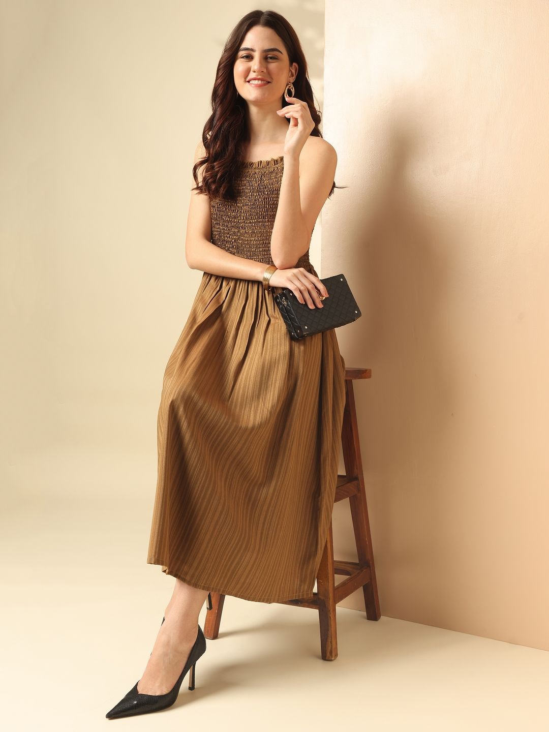 

Anouk Striped Shoulder Straps Smocked Detail A-Line Midi Dress, Brown