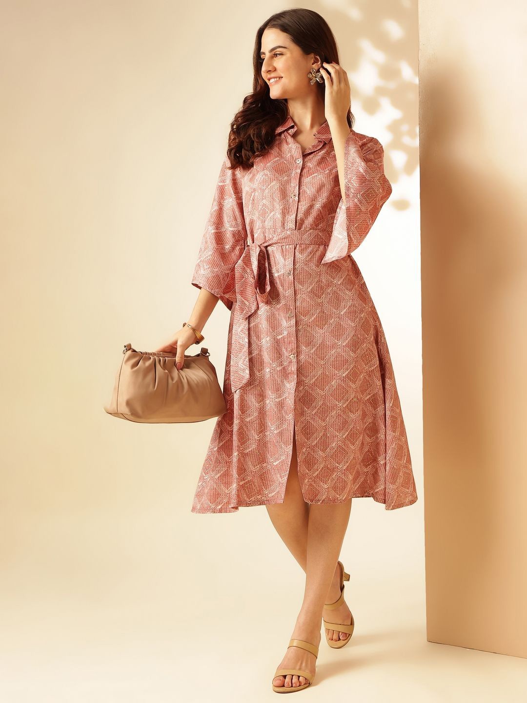 

Anouk Pink Floral Print Slit sleeves Shirt Dress