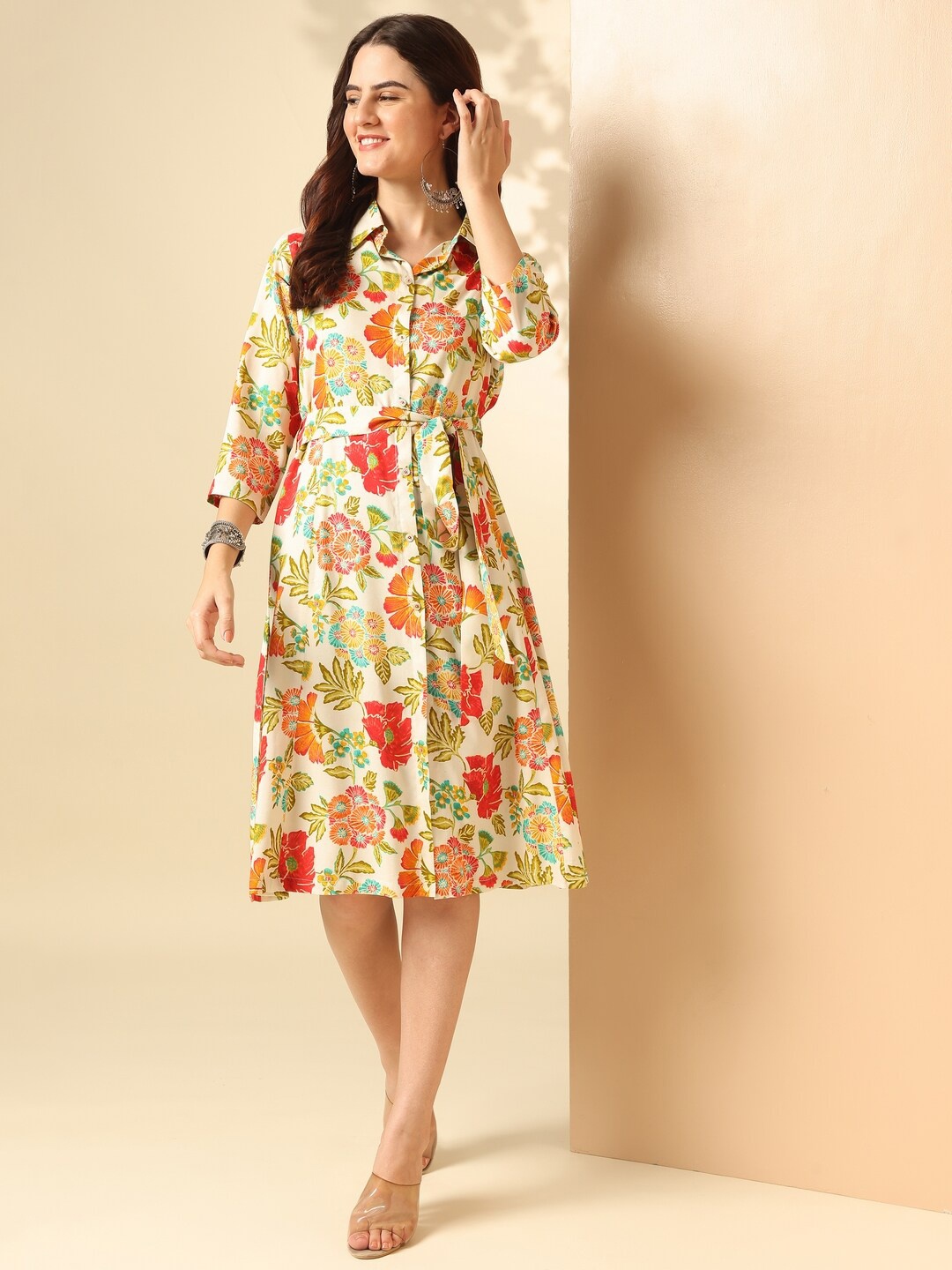 

Anouk Floral Printed Shirt Collar Tie-Ups Detail Shirt Dress, Yellow