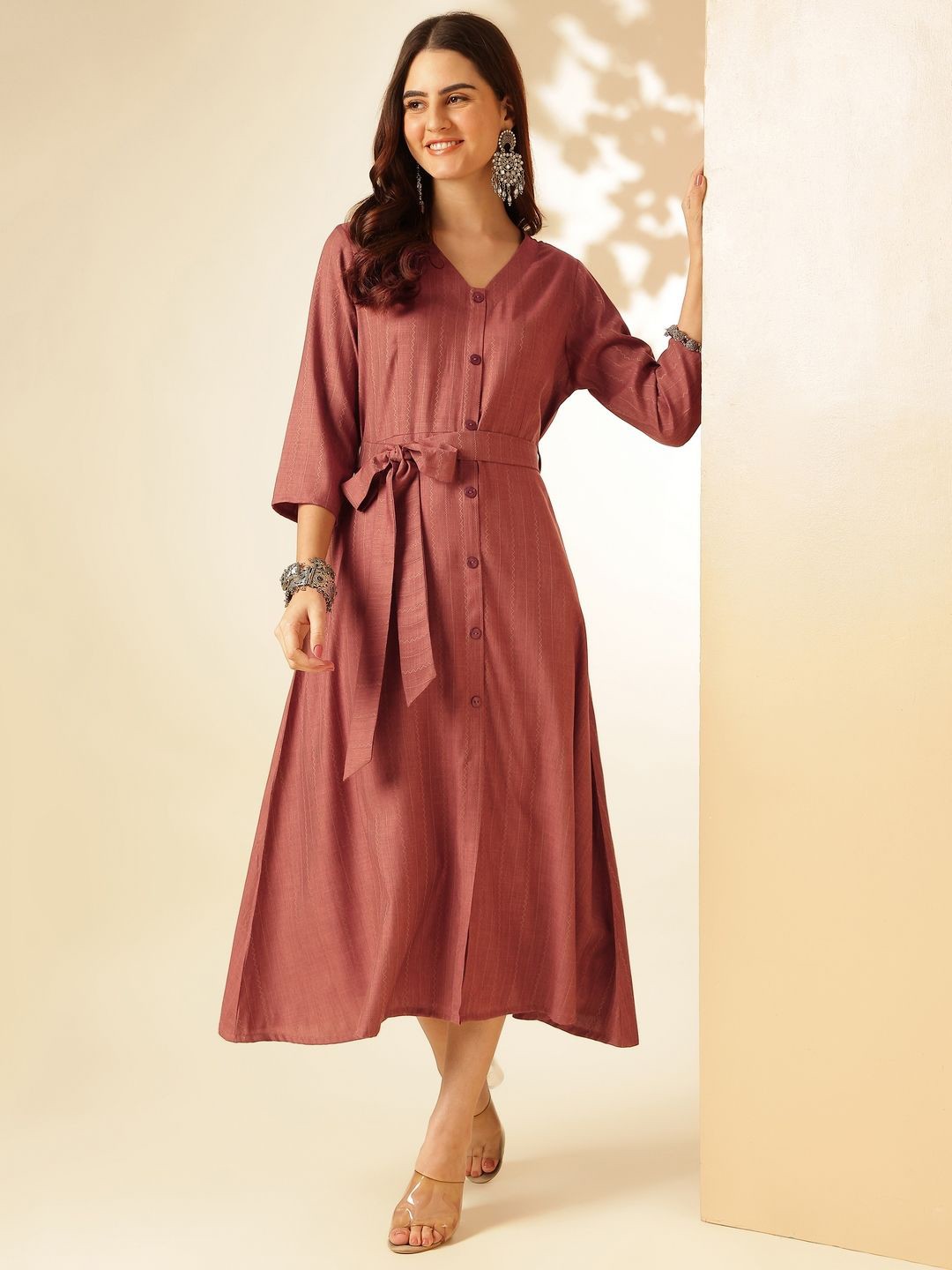 

Anouk Pink V-Neck A-Line Midi Dress