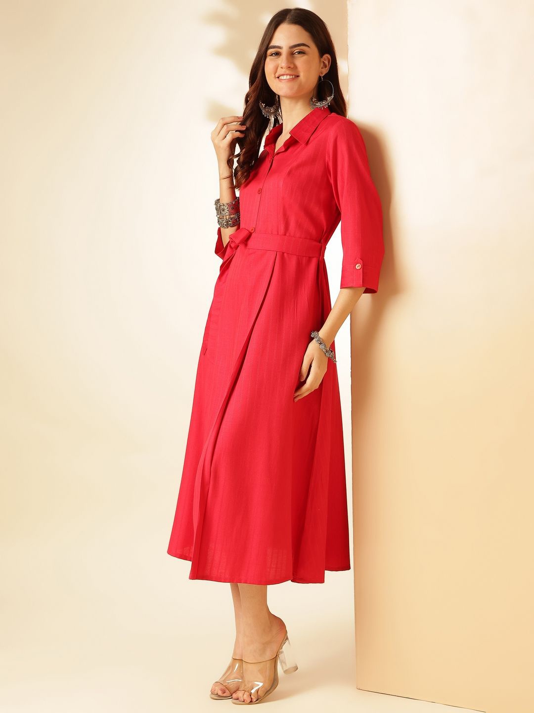 

Anouk Red Shirt Collar Fit & Flare Midi Dress