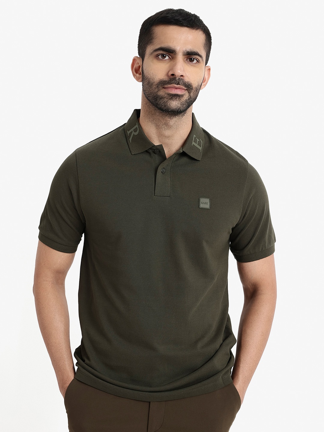 

RARE RABBIT Men Clif Embroidered Solid Polo Collar T-Shirt, Olive