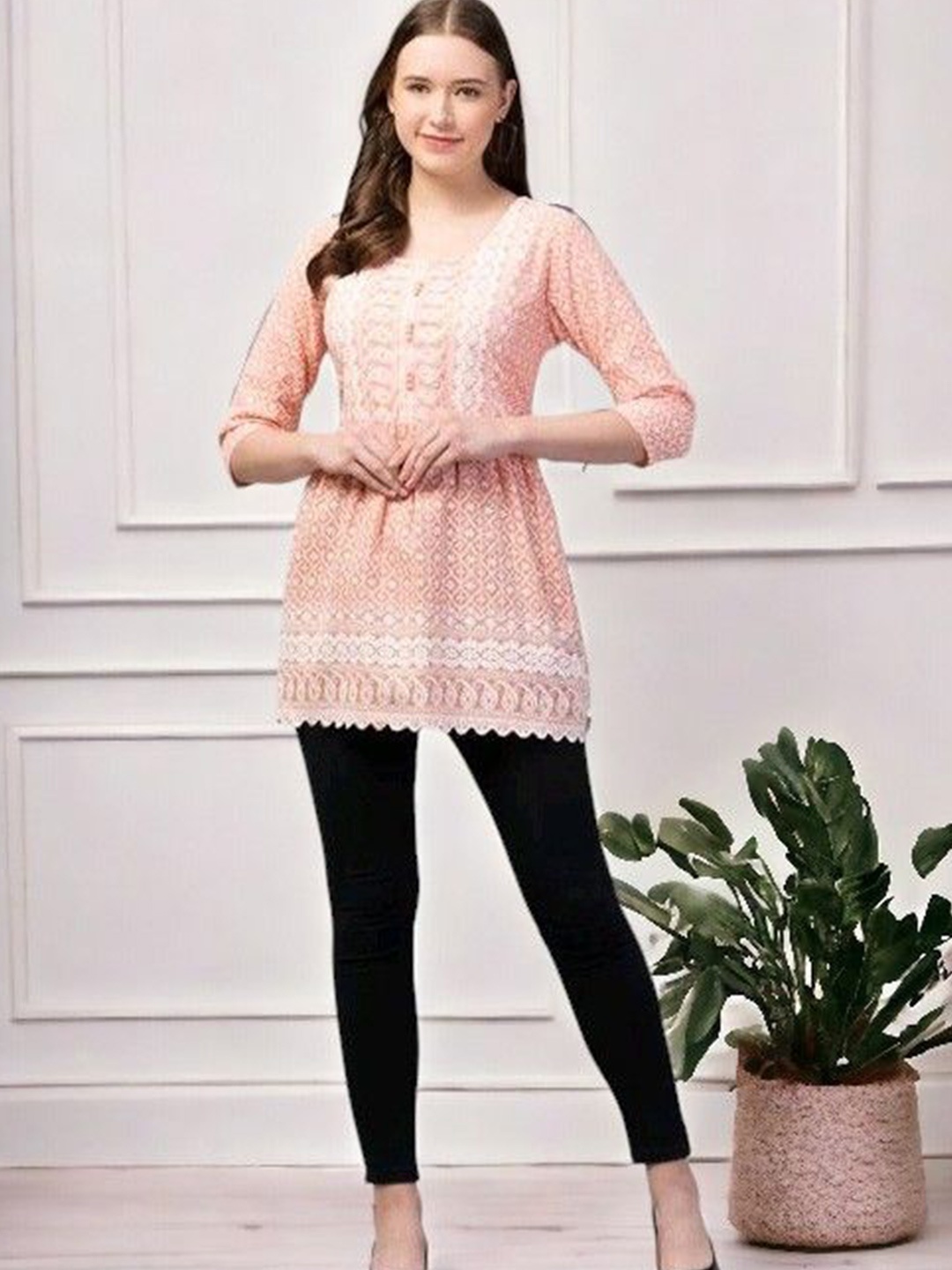 

Vastrasky Global Floral Embroidered Gathered Longline Empire Top, Peach
