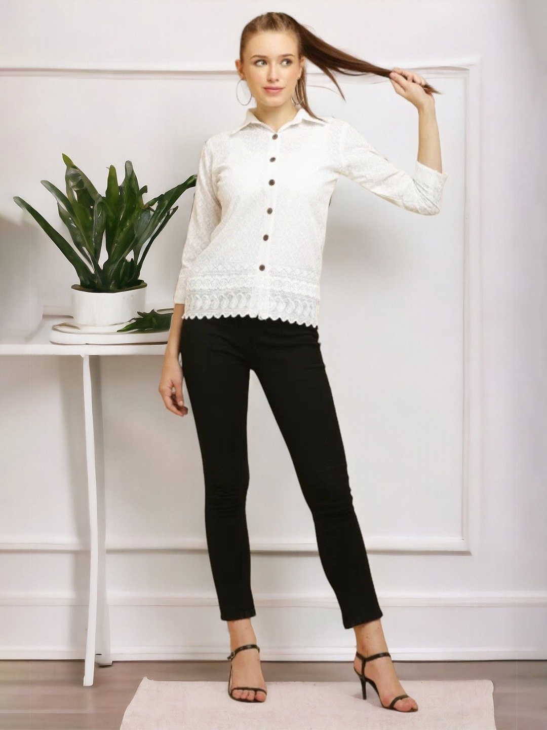 

Vastrasky Global Ethnic Motifs Embroidered Cuffed Sleeves Shirt Style Top, White