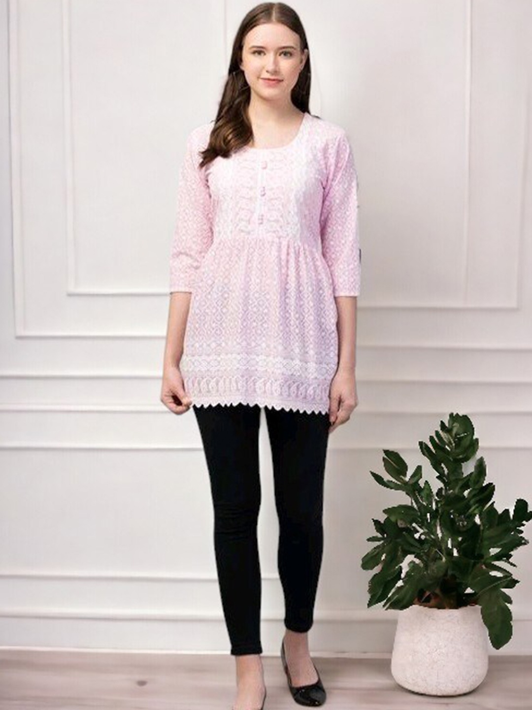 

Vastrasky Global Ethnic Motifs Embroidered Gathered Longline Empire Top, Pink