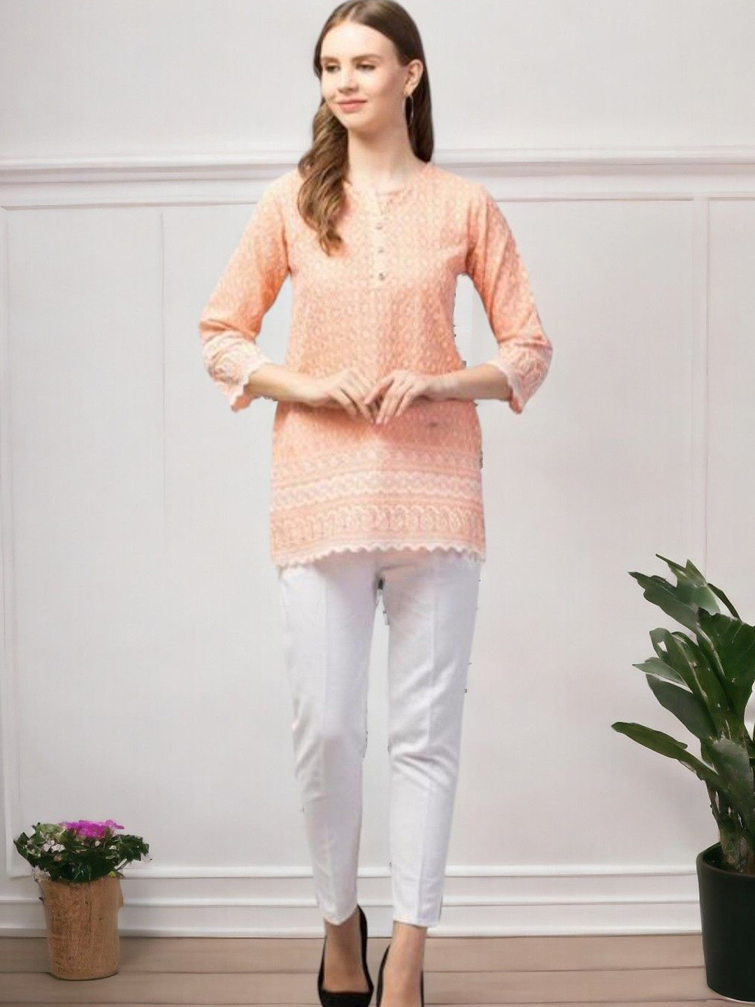 

Vastrasky Global Ethnic Motifs Embroidered Thread Work Straight Kurti, Peach
