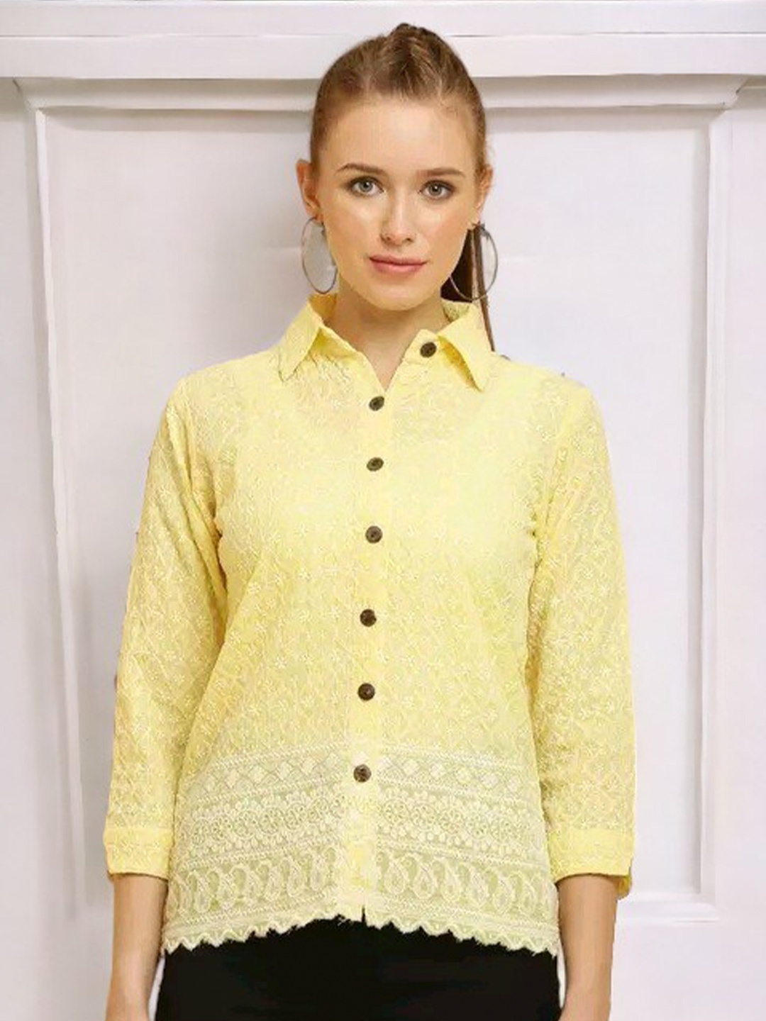 

Vastrasky Global Ethnic Motifs Embroidered Cuffed Sleeves Shirt Style Top, Yellow