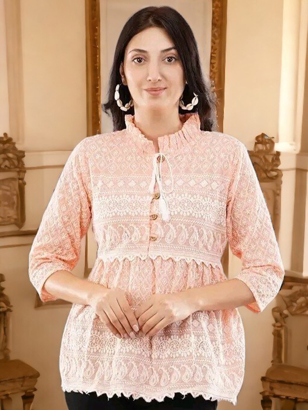 

Vastrasky Global Ethnic Motifs Embroidered High Neck Gathered Peplum Top, Peach