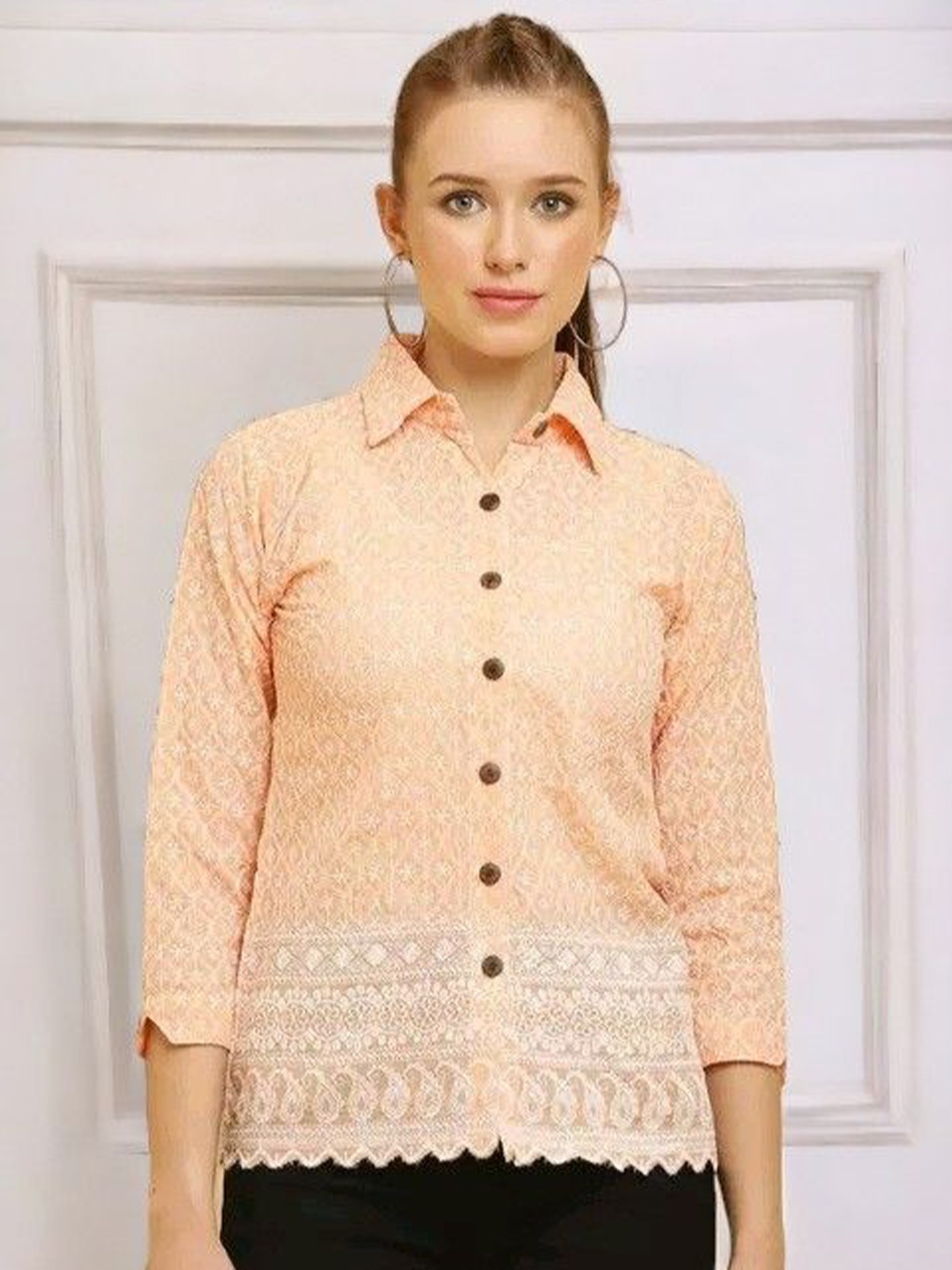 

Vastrasky Global Print Organic Cotton Crepe Shirt Style Top, Peach