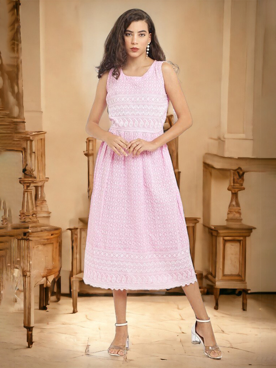 

Vastrasky Global Embroidered Sleeveless Organic Cotton Pleated Fit & Flare Midi Dress, Pink