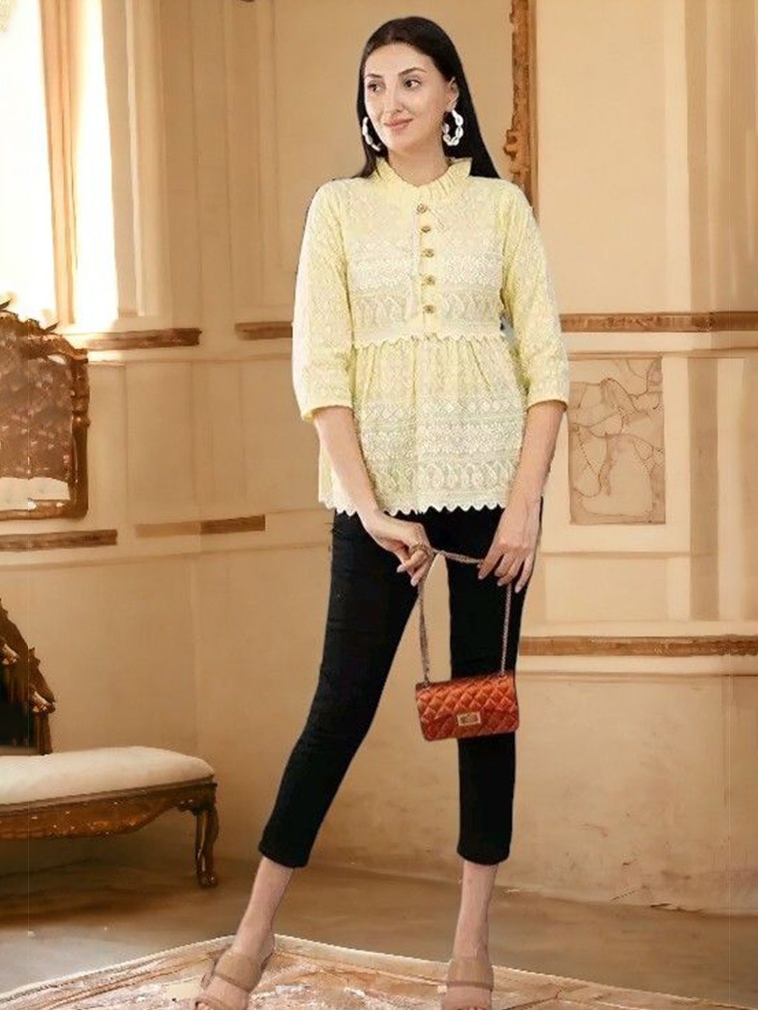 

Vastrasky Global Ethnic Motifs Embroidered High Neck Gathered Empire Top, Yellow